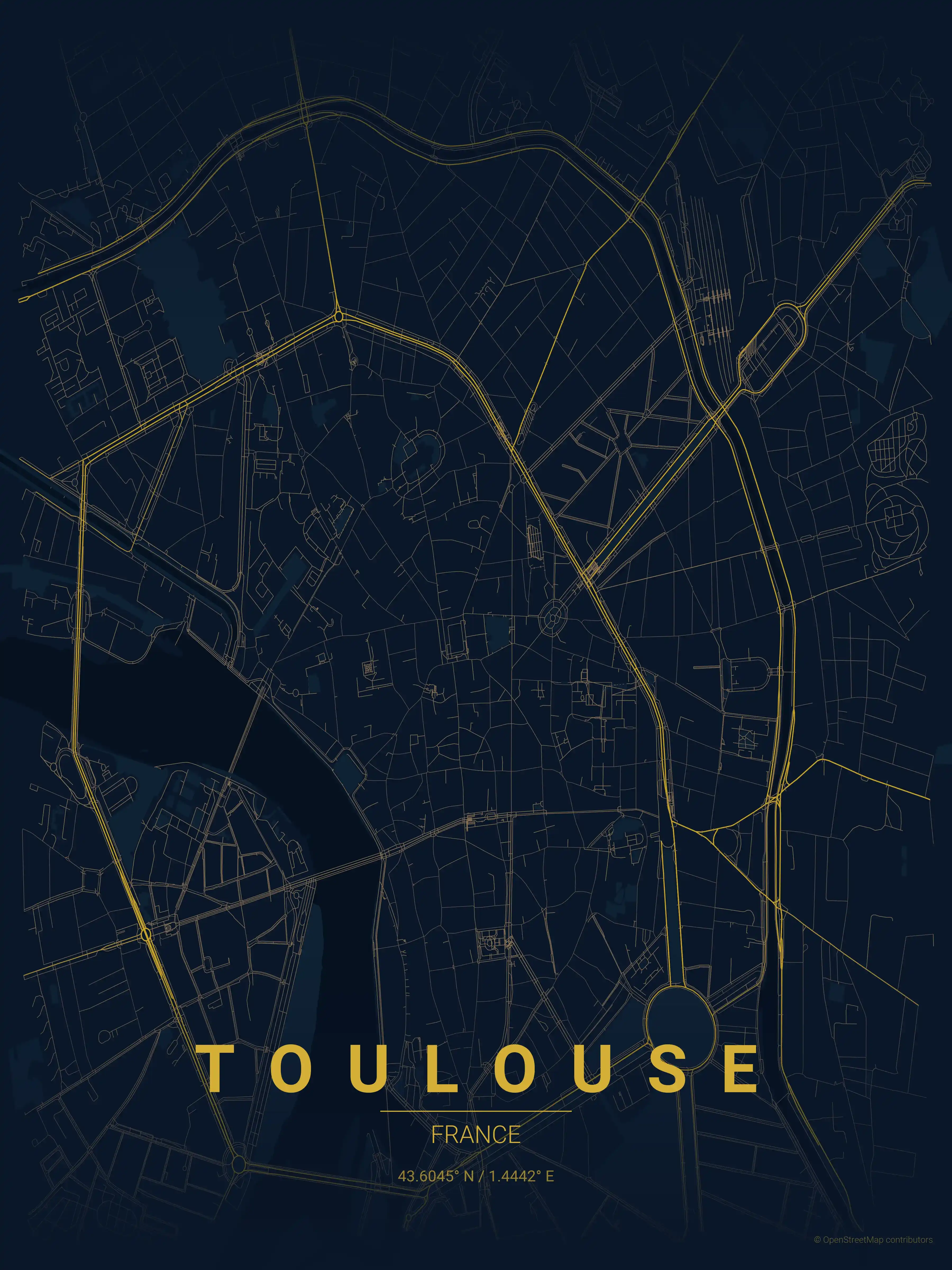 Minimalist midnight_blue street map of Toulouse, France - Urban grid art