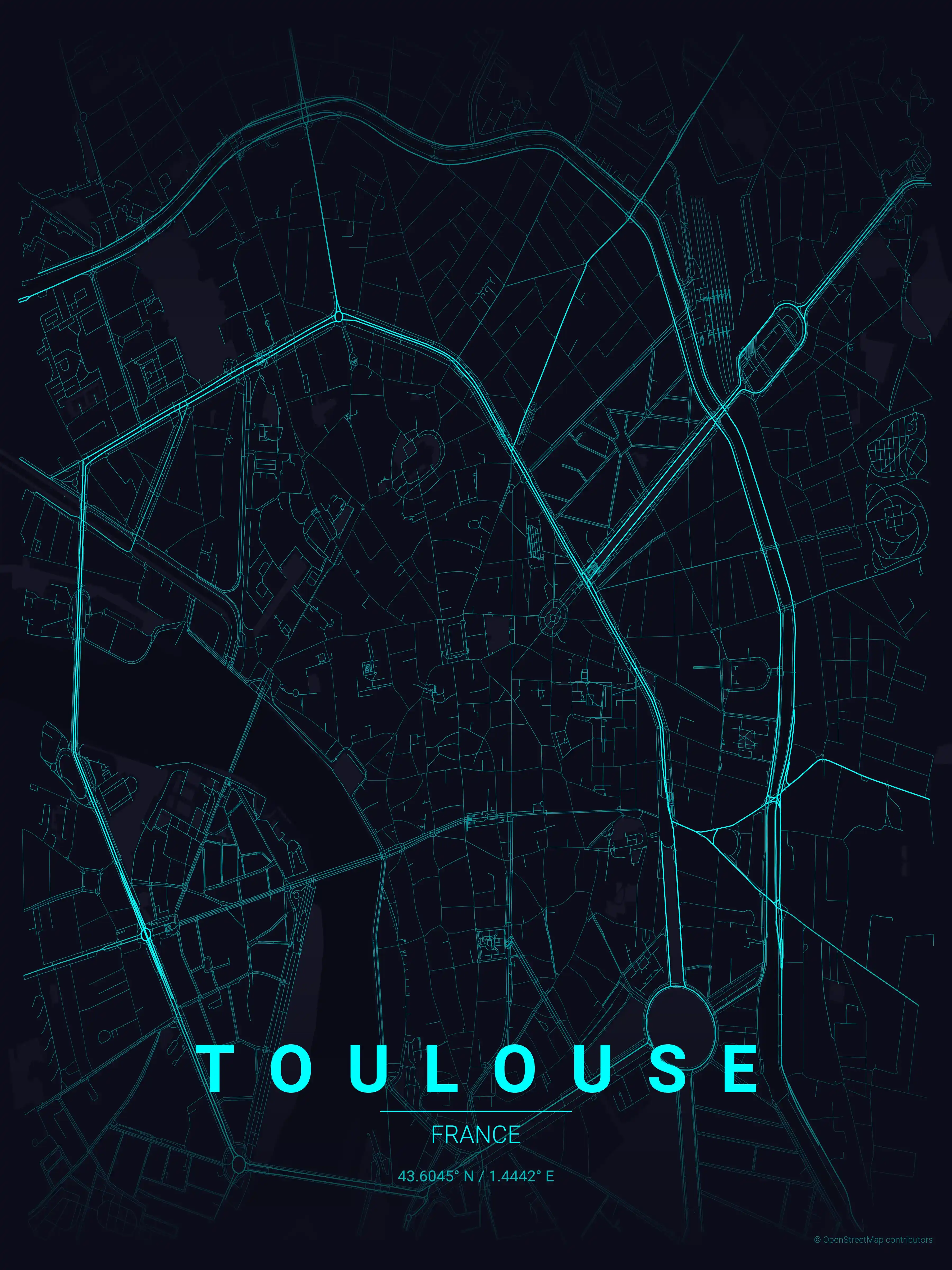 Minimalist neon_cyberpunk street map of Toulouse, France - Urban grid art