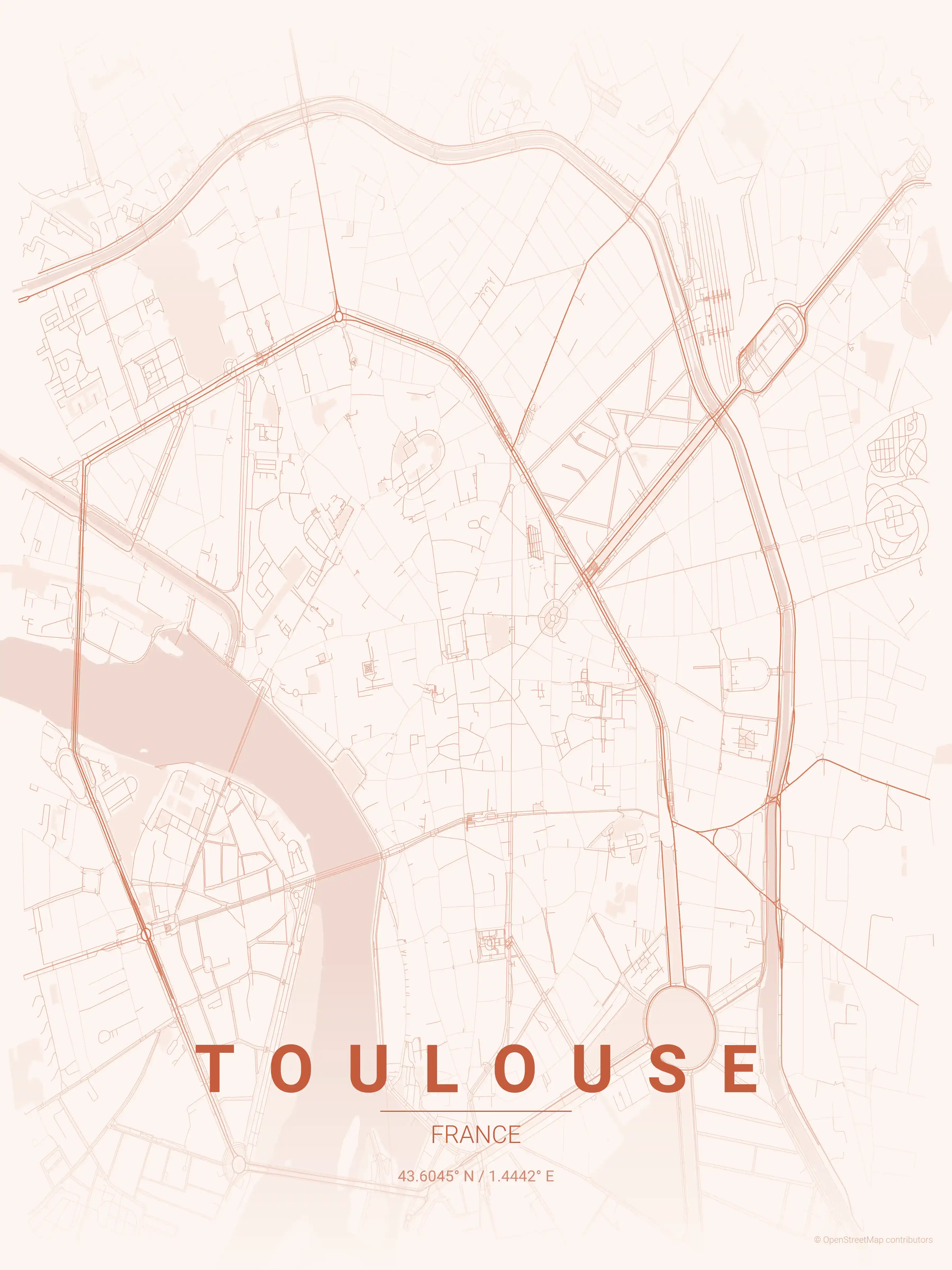 Minimalist sunset street map of Toulouse, France - Urban grid art