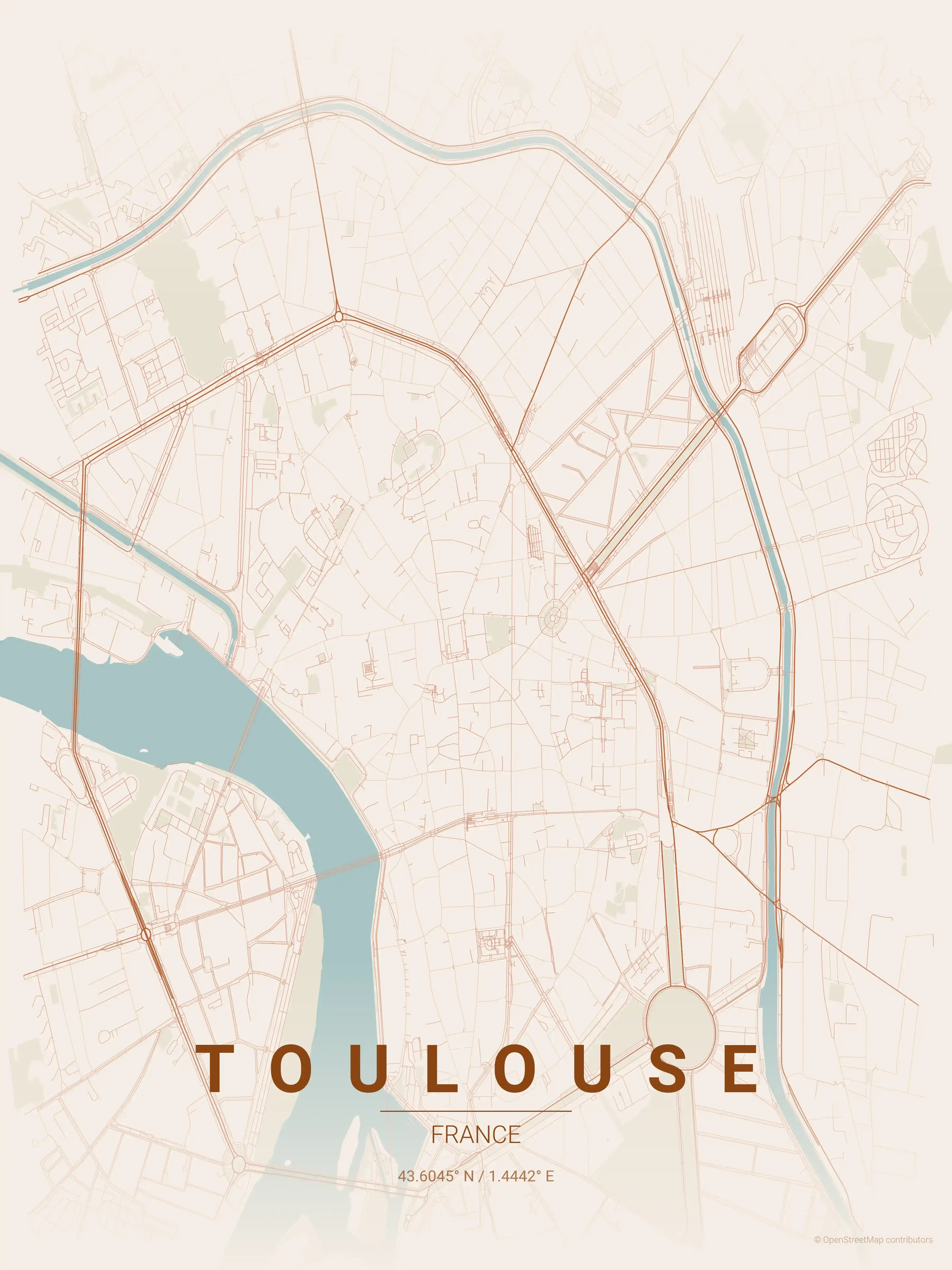 Minimalist terracotta street map of Toulouse, France - Urban grid art