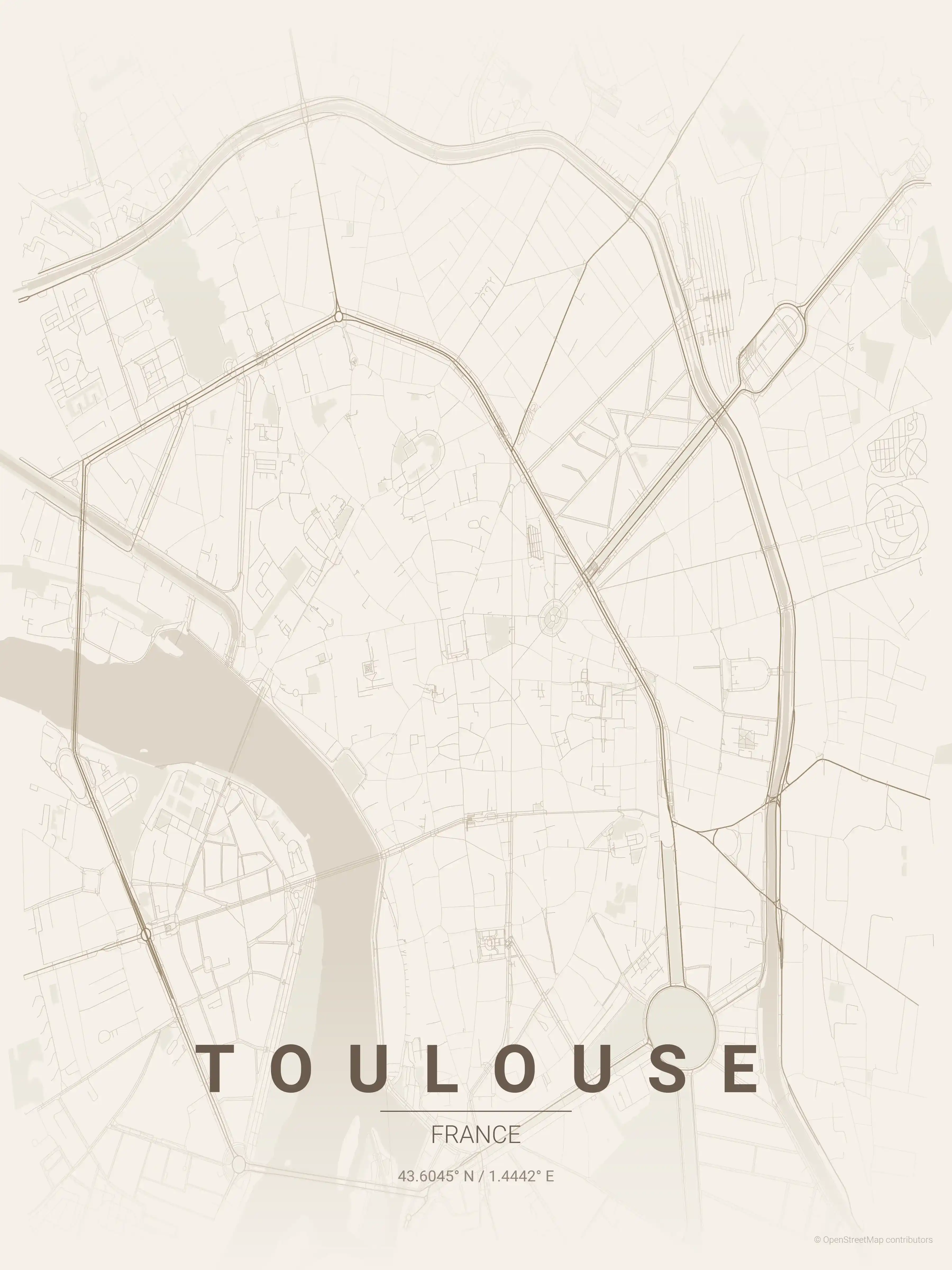 Minimalist warm_beige street map of Toulouse, France - Urban grid art