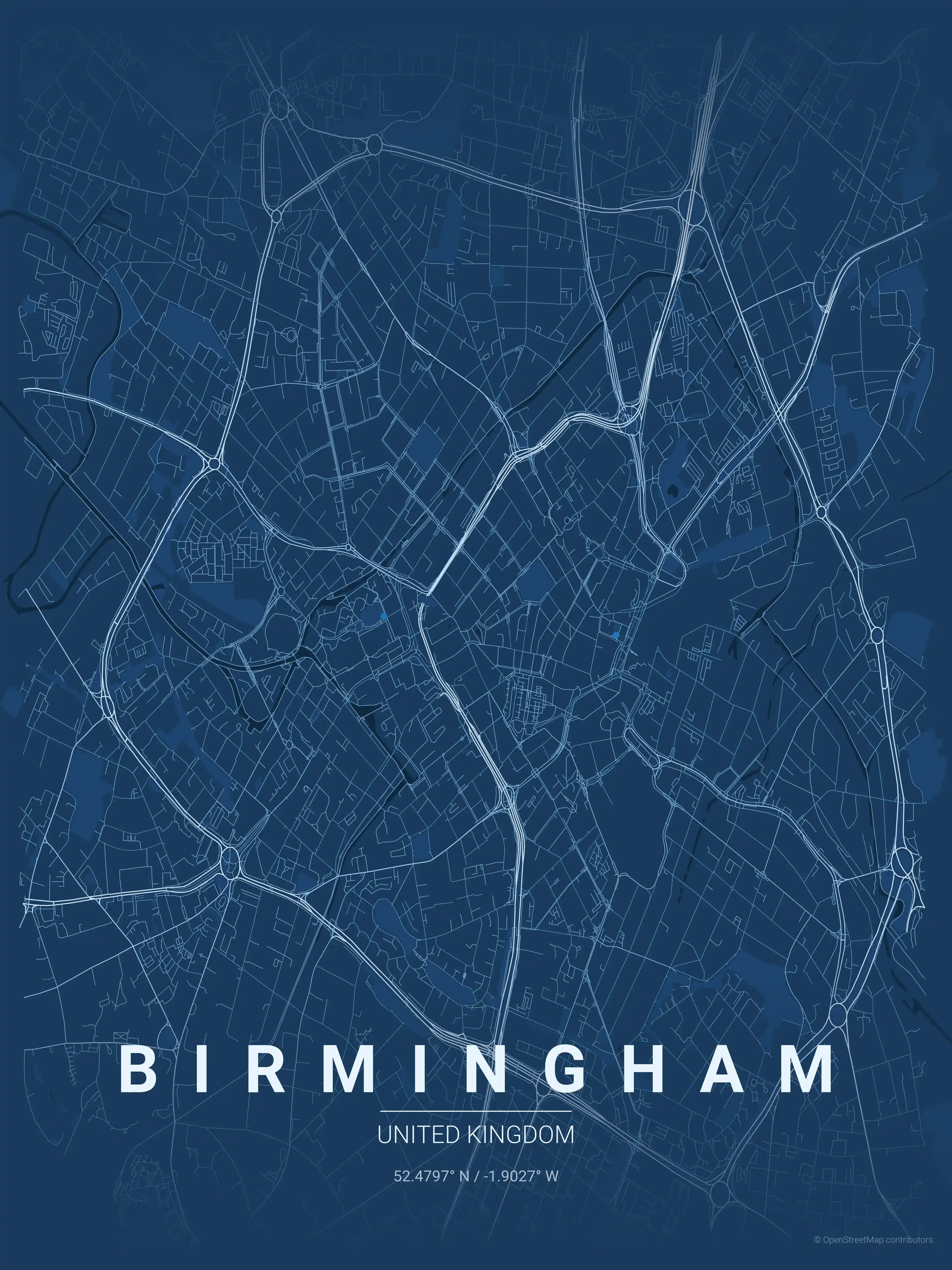 Minimalist blueprint street map of Birmingham, United Kingdom - Urban grid art