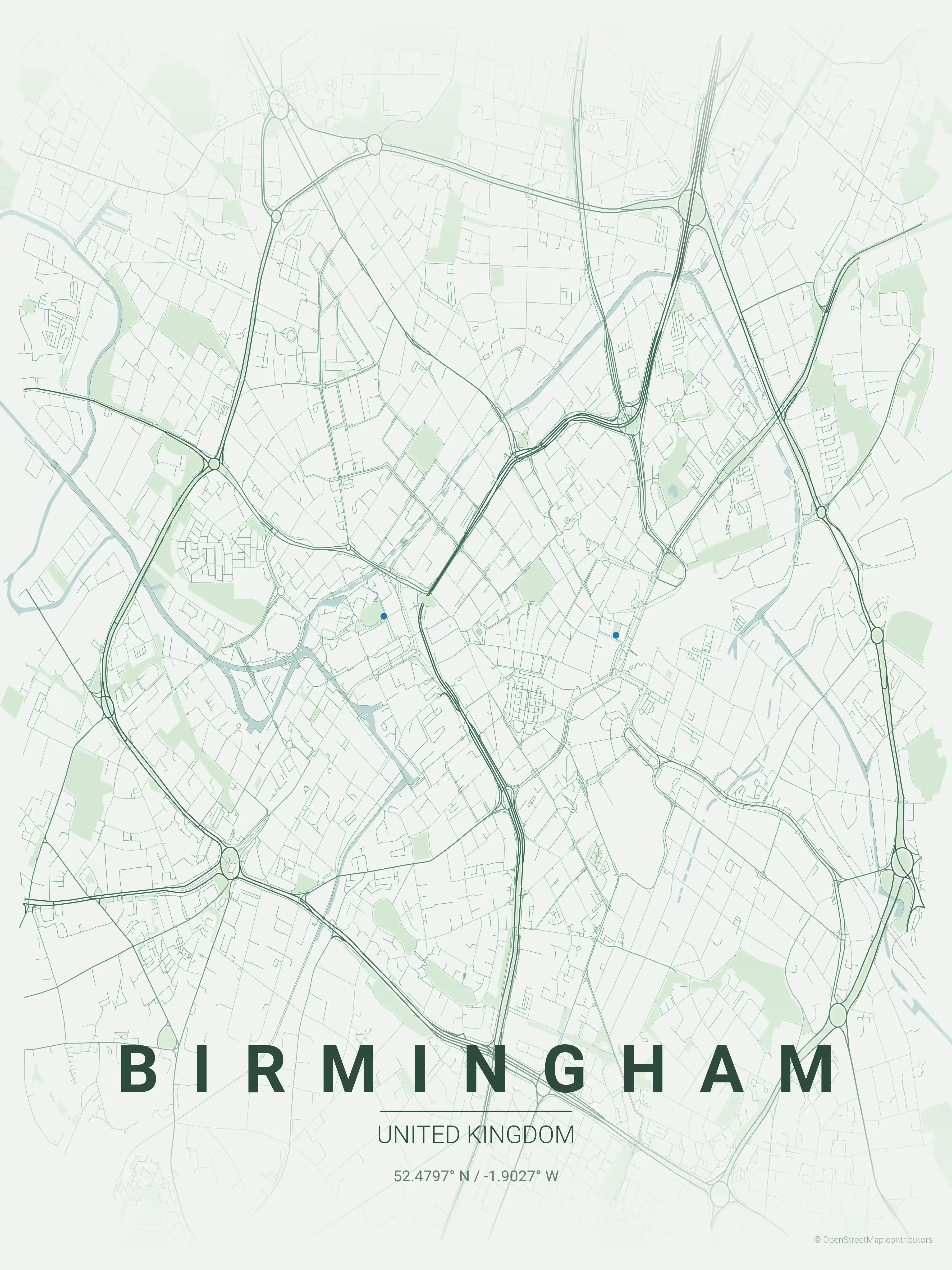 Minimalist forest street map of Birmingham, United Kingdom - Urban grid art