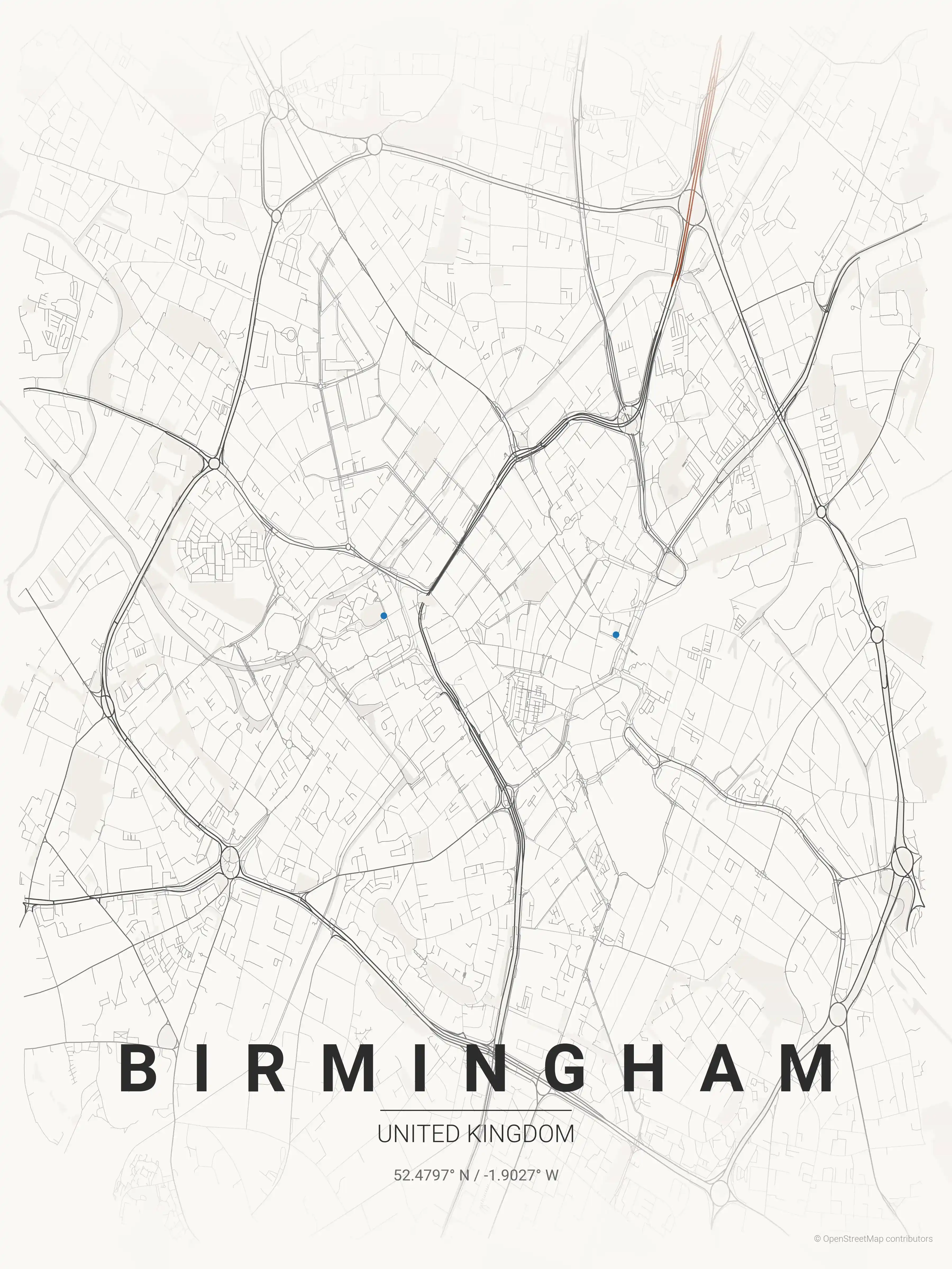 Minimalist japanese_ink street map of Birmingham, United Kingdom - Urban grid art