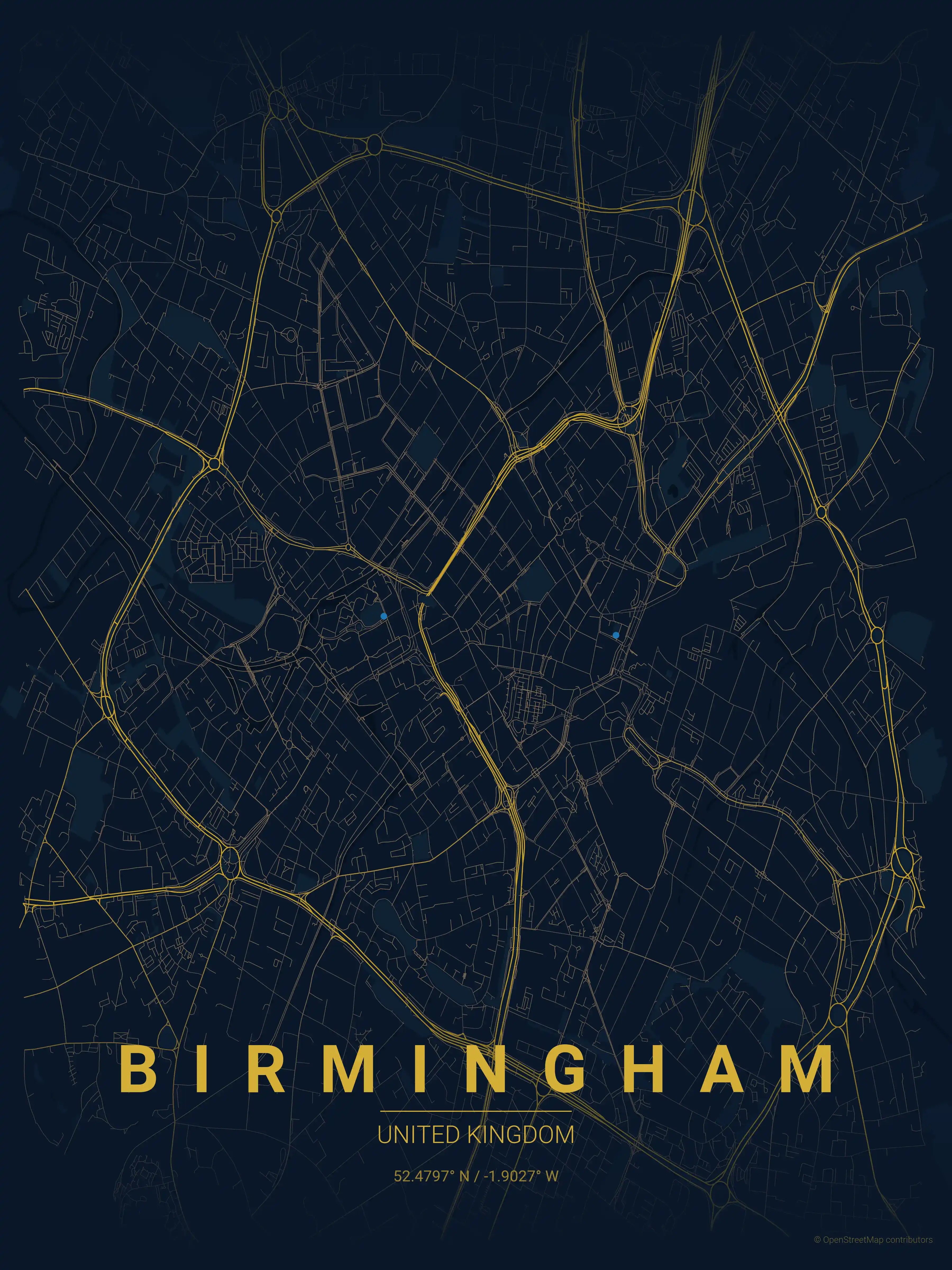 Minimalist midnight_blue street map of Birmingham, United Kingdom - Urban grid art