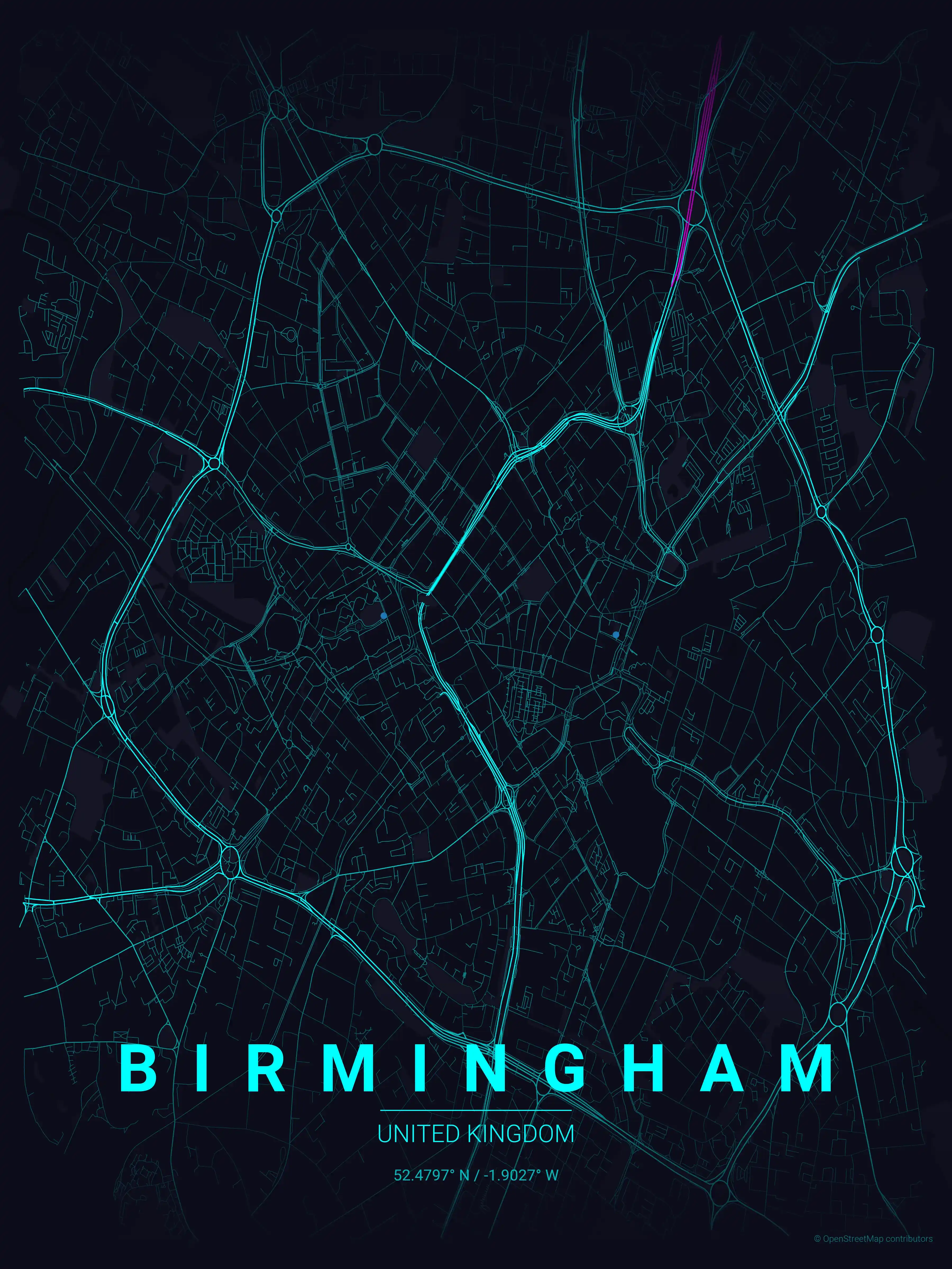 Minimalist neon_cyberpunk street map of Birmingham, United Kingdom - Urban grid art