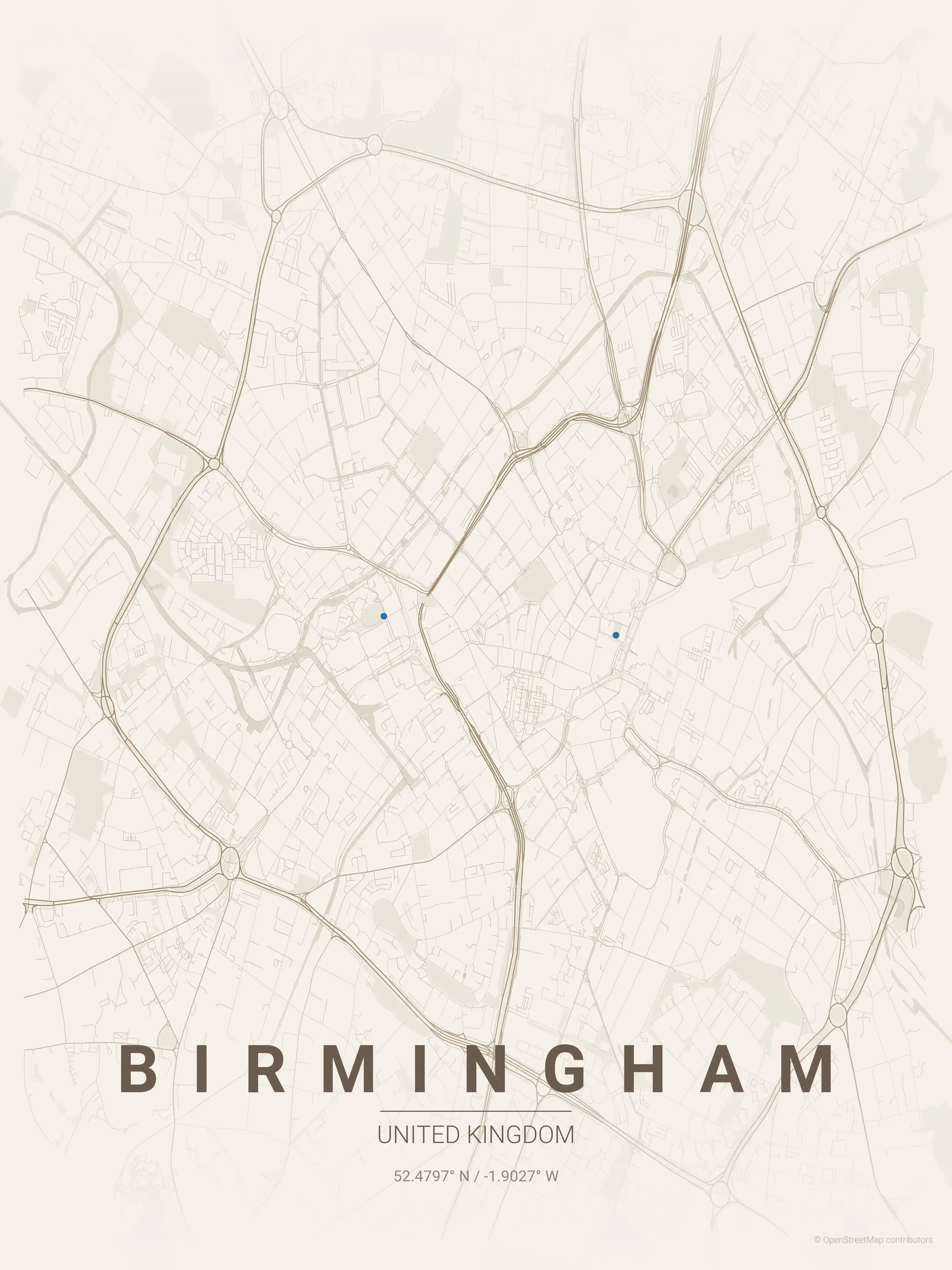 Minimalist warm_beige street map of Birmingham, United Kingdom - Urban grid art