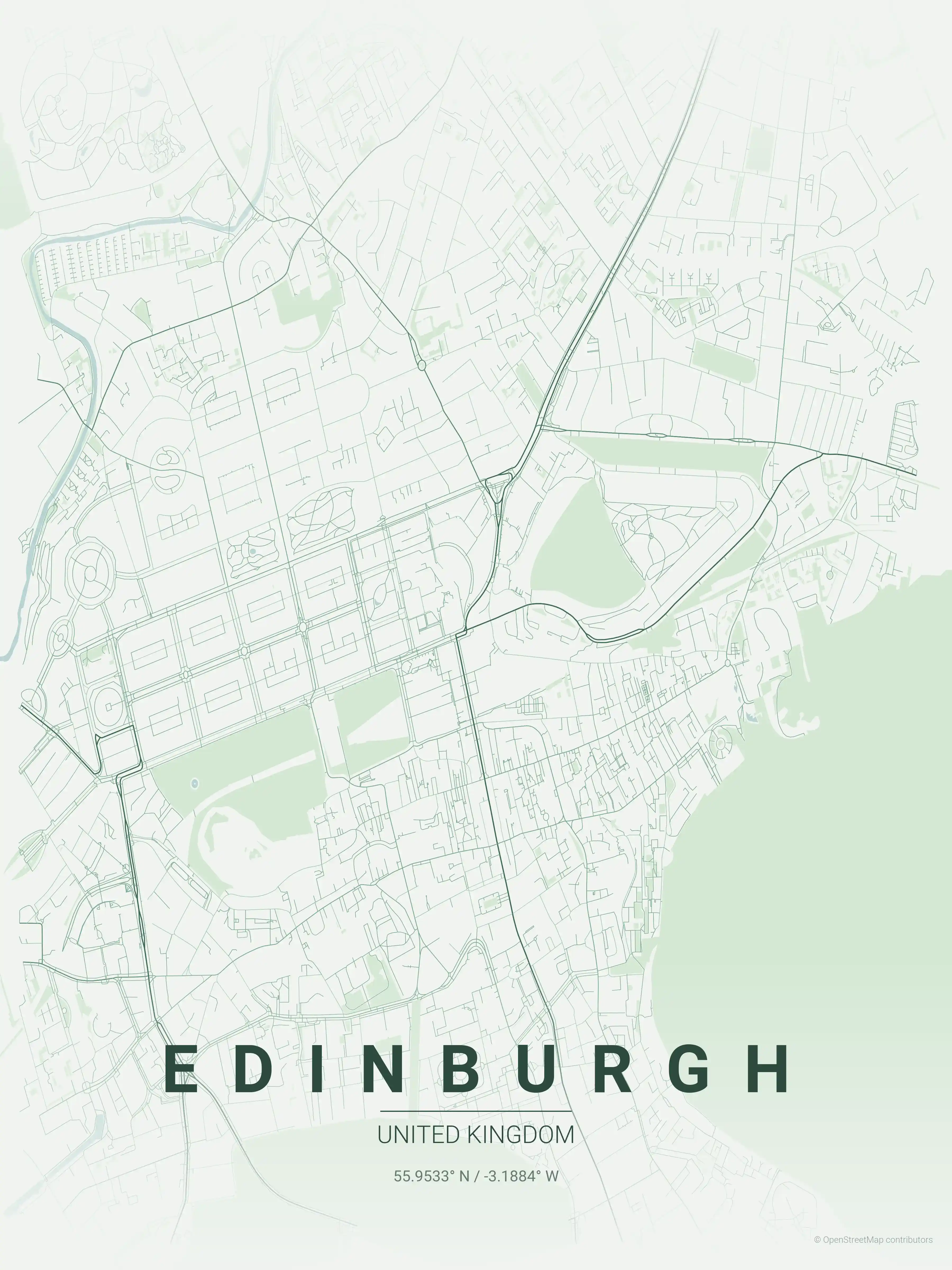 Minimalist forest street map of Edinburgh, United Kingdom - Urban grid art