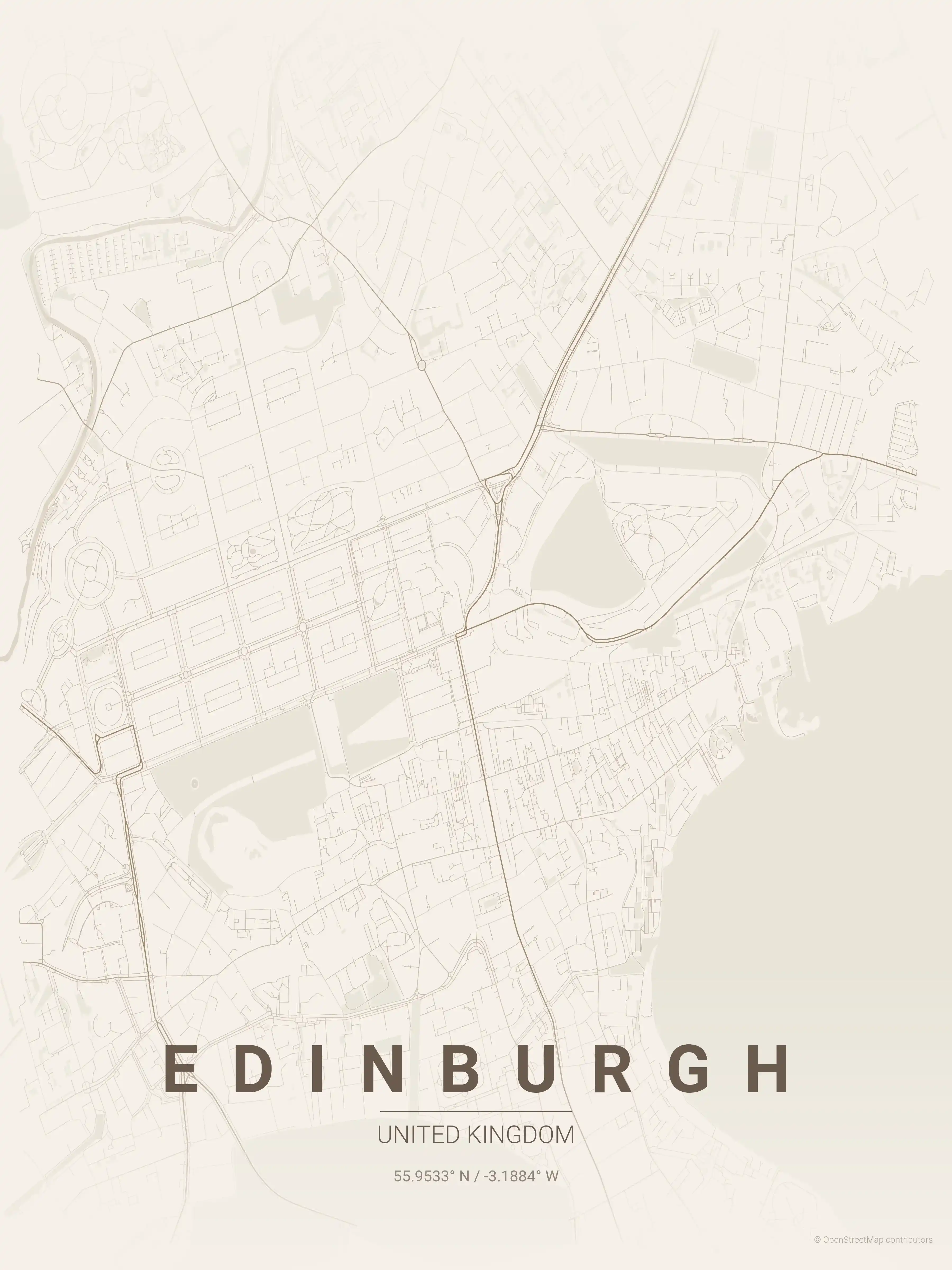 Minimalist warm_beige street map of Edinburgh, United Kingdom - Urban grid art