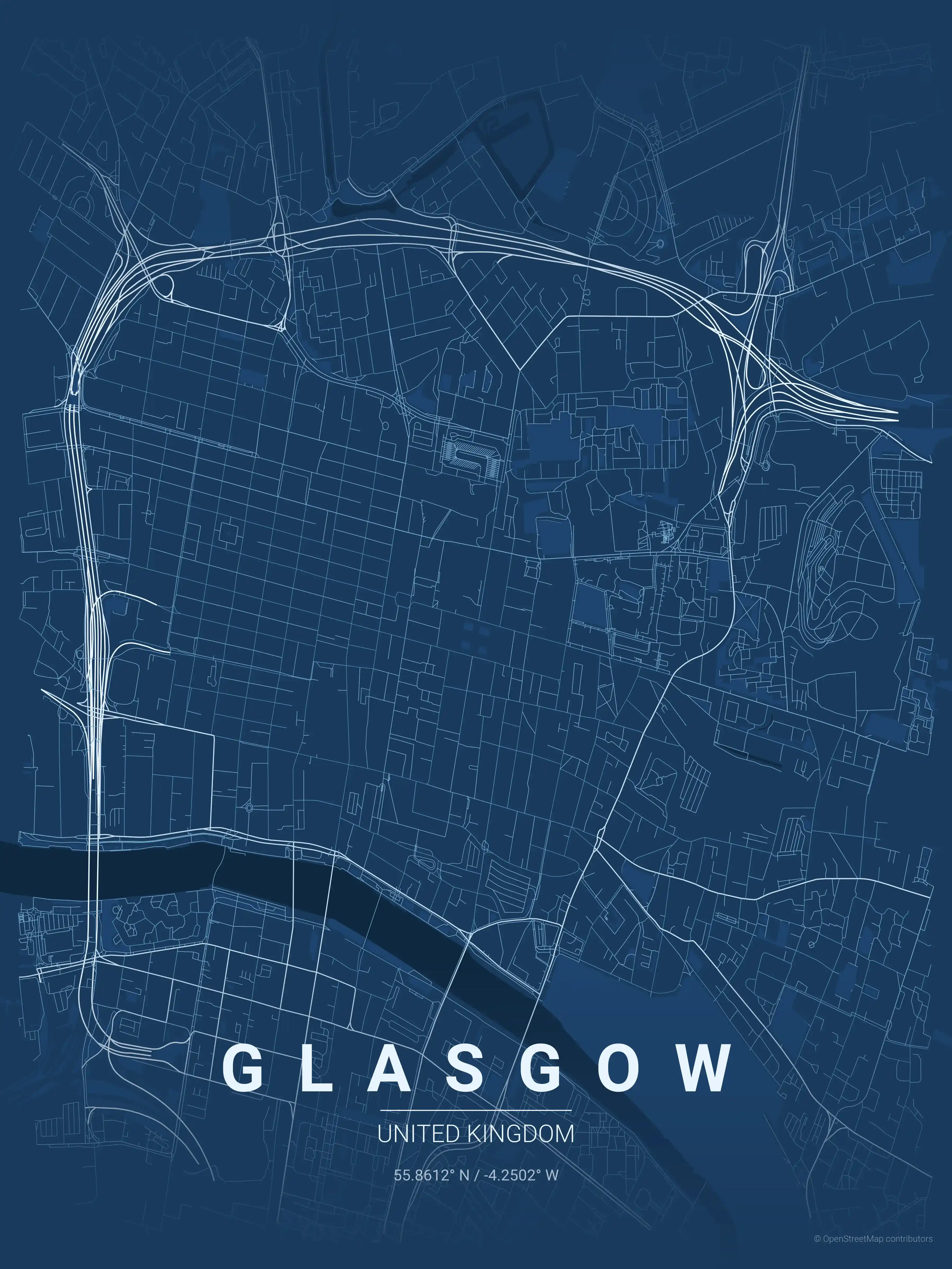 Minimalist blueprint street map of Glasgow, United Kingdom - Urban grid art
