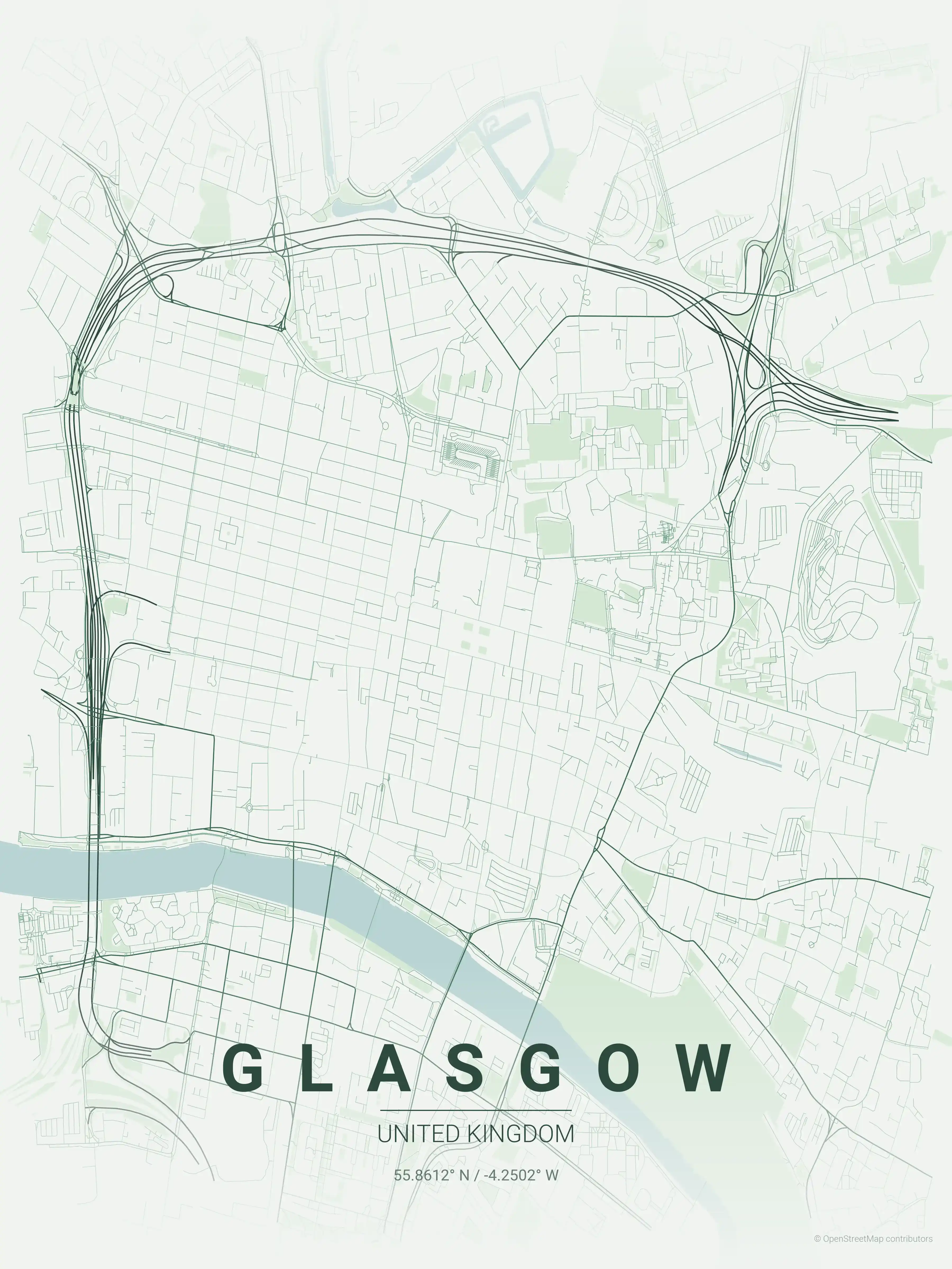 Minimalist forest street map of Glasgow, United Kingdom - Urban grid art