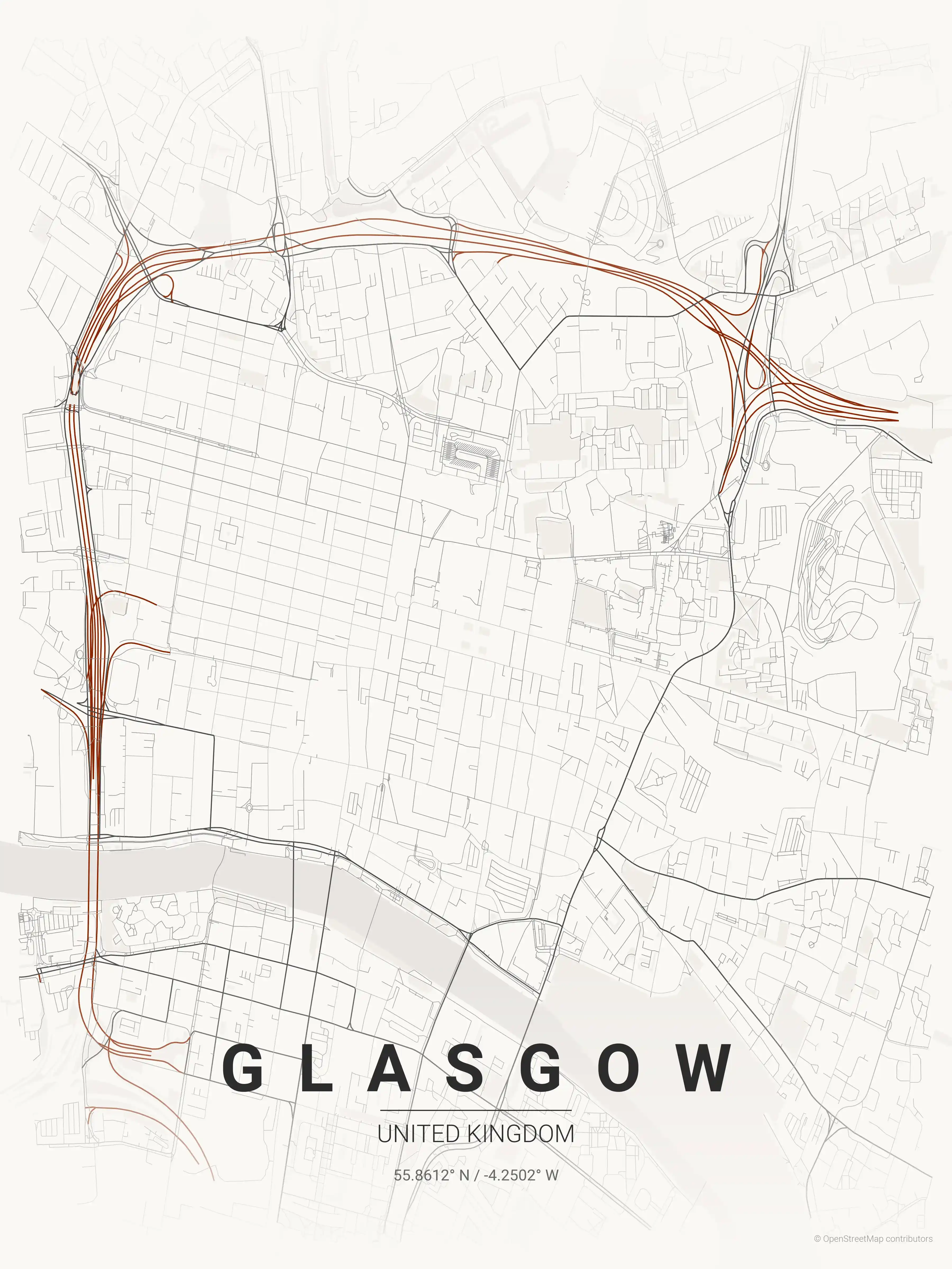 Minimalist japanese_ink street map of Glasgow, United Kingdom - Urban grid art