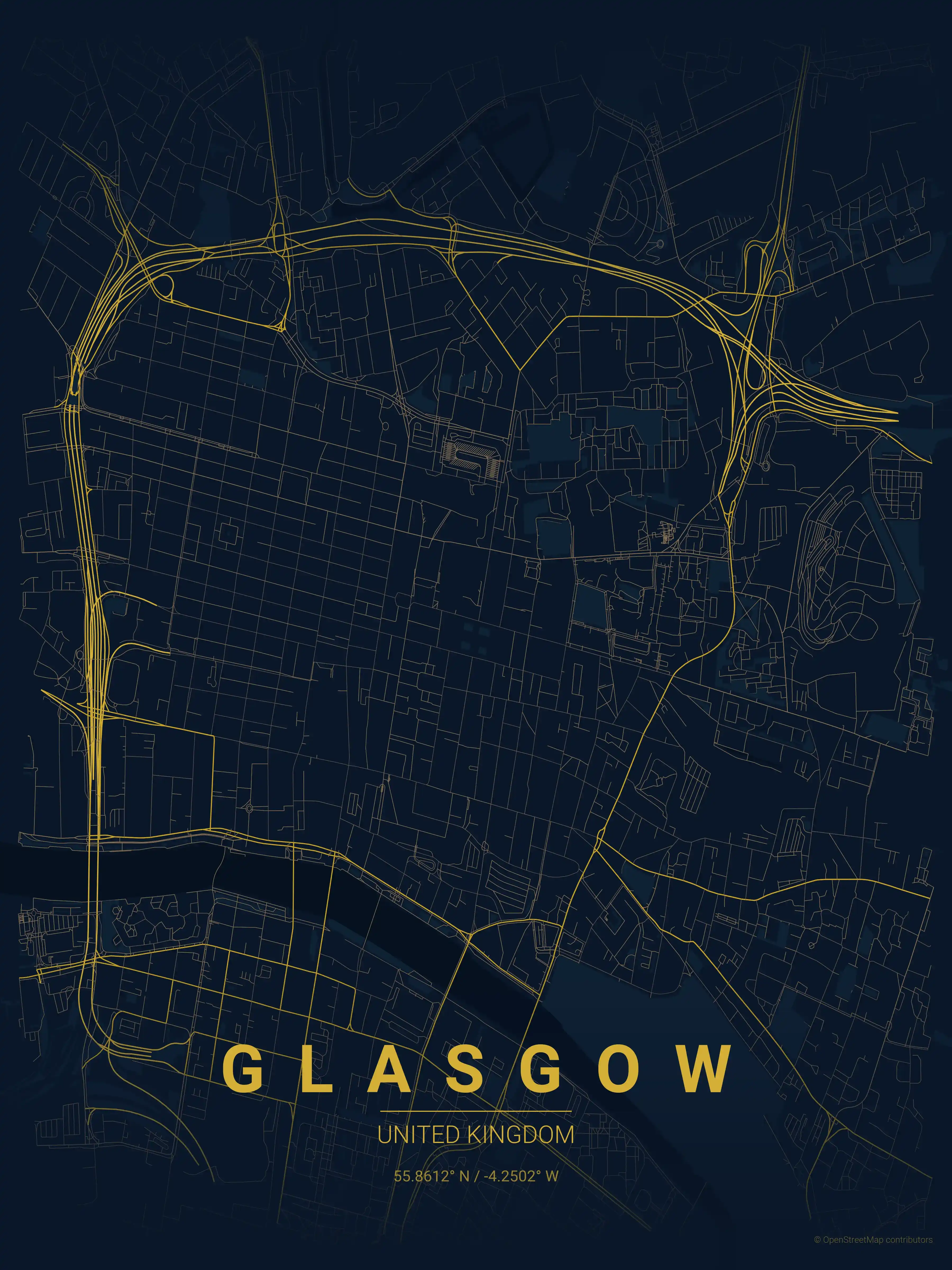 Minimalist midnight_blue street map of Glasgow, United Kingdom - Urban grid art