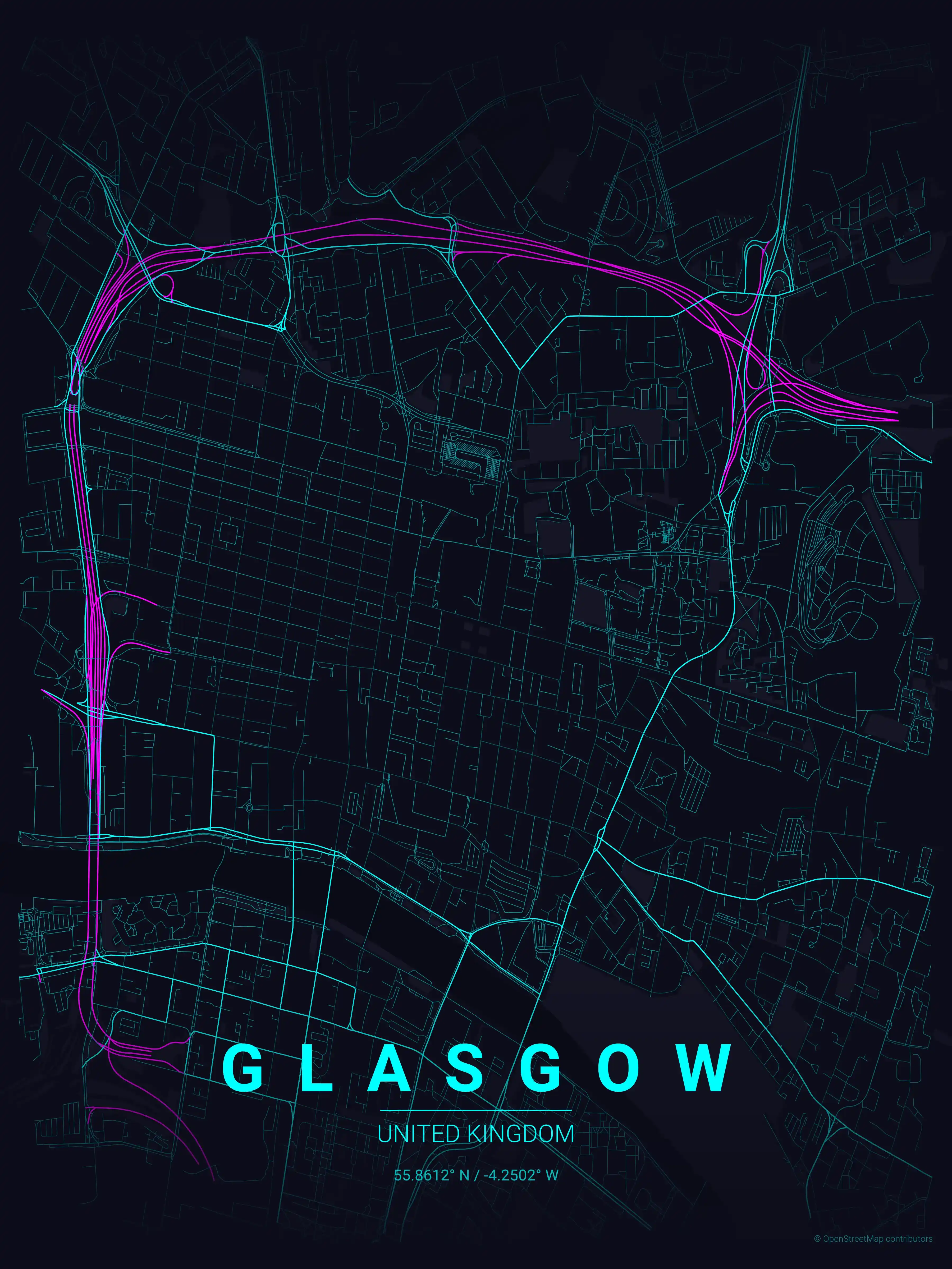 Minimalist neon_cyberpunk street map of Glasgow, United Kingdom - Urban grid art