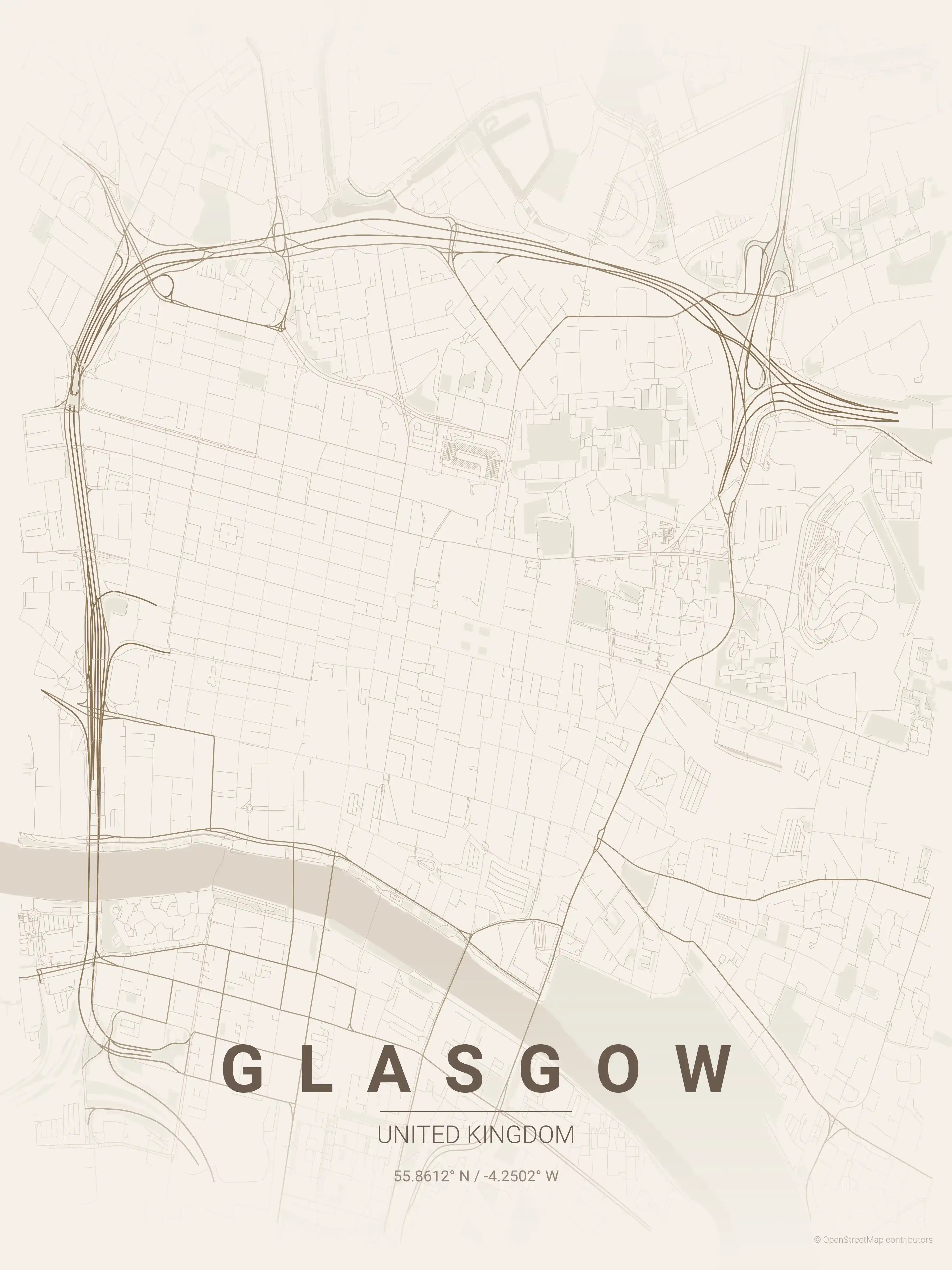 Minimalist warm_beige street map of Glasgow, United Kingdom - Urban grid art