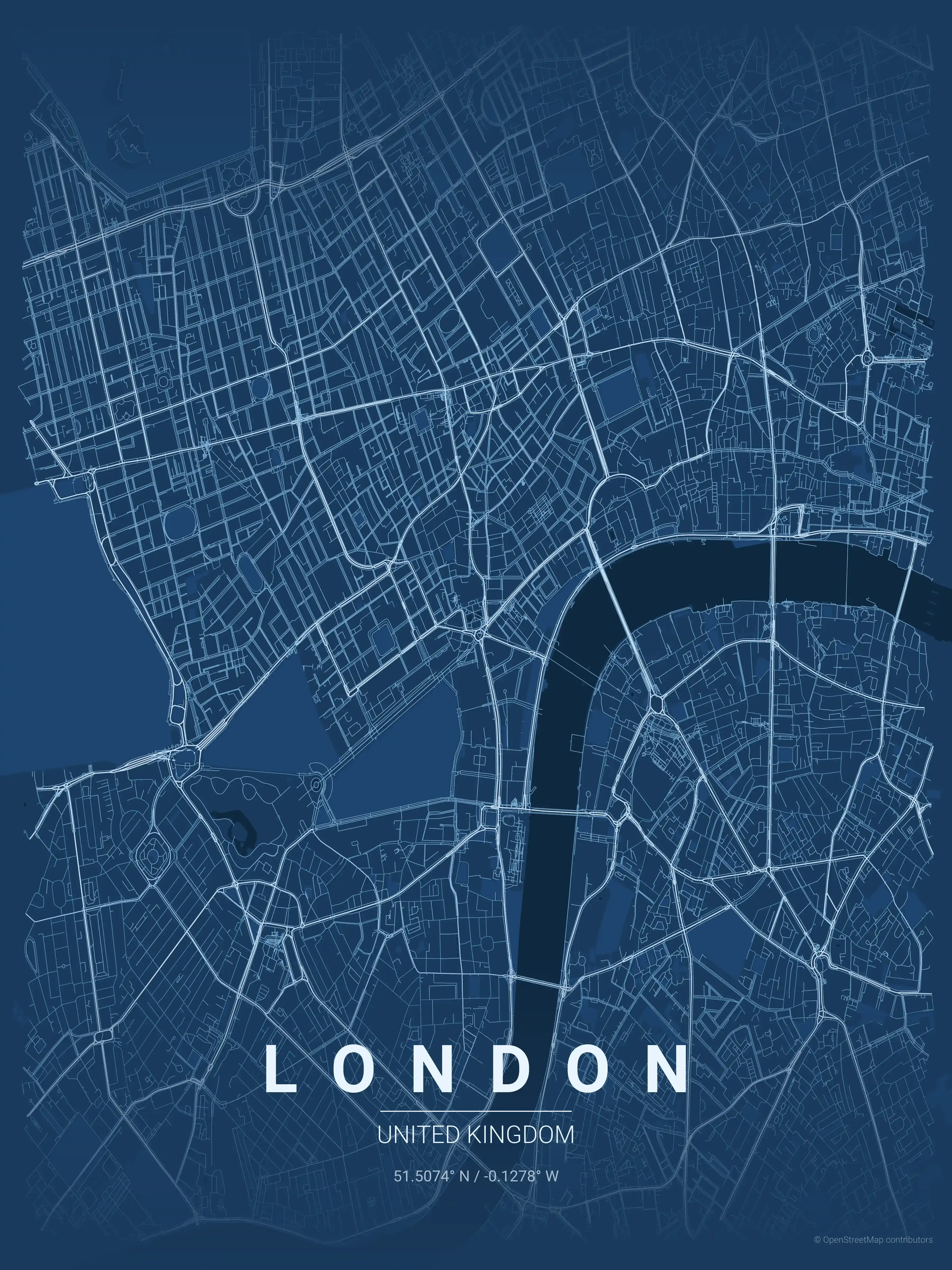 Minimalist blueprint street map of London, United Kingdom - Urban grid art