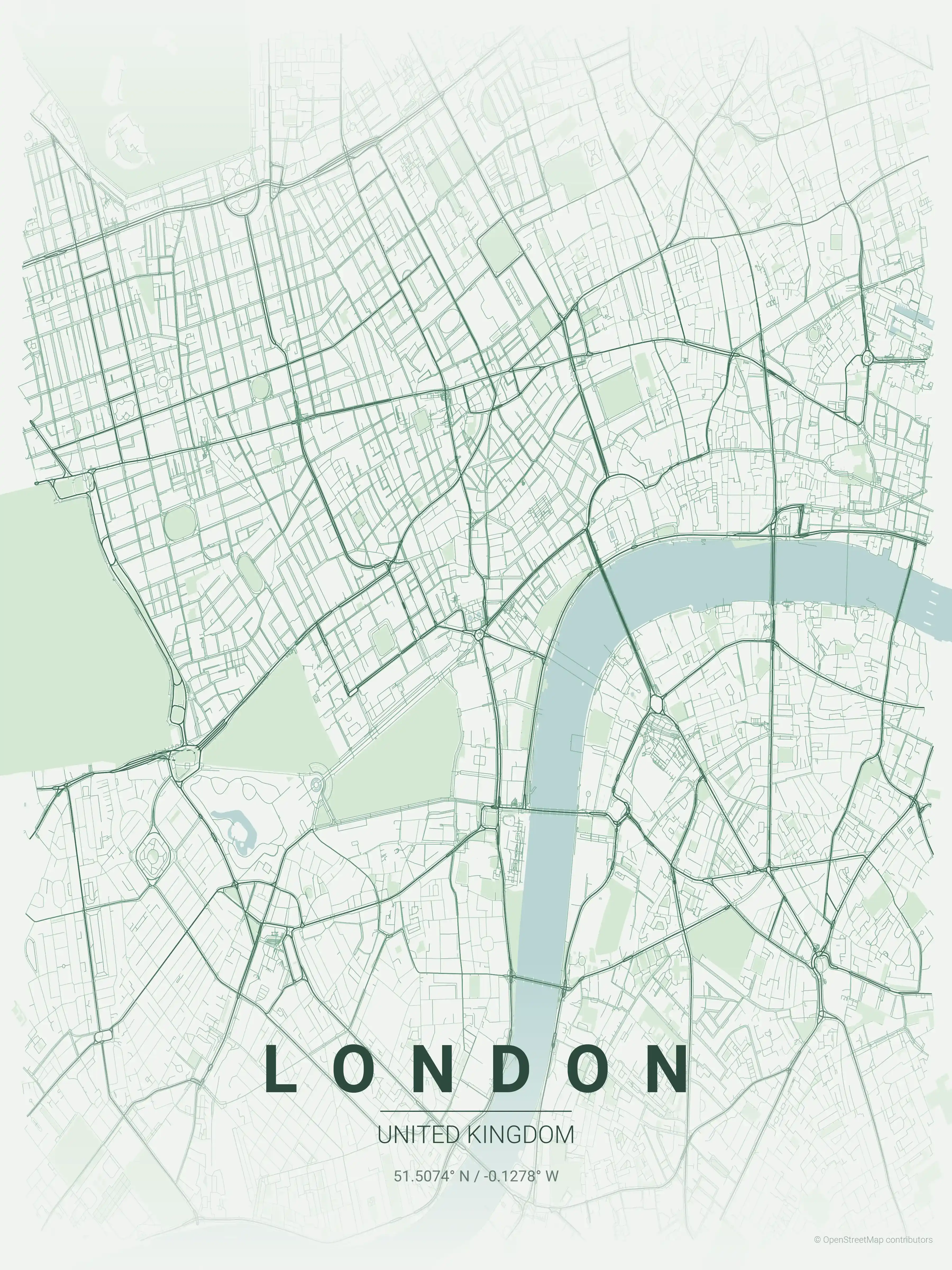 Minimalist forest street map of London, United Kingdom - Urban grid art