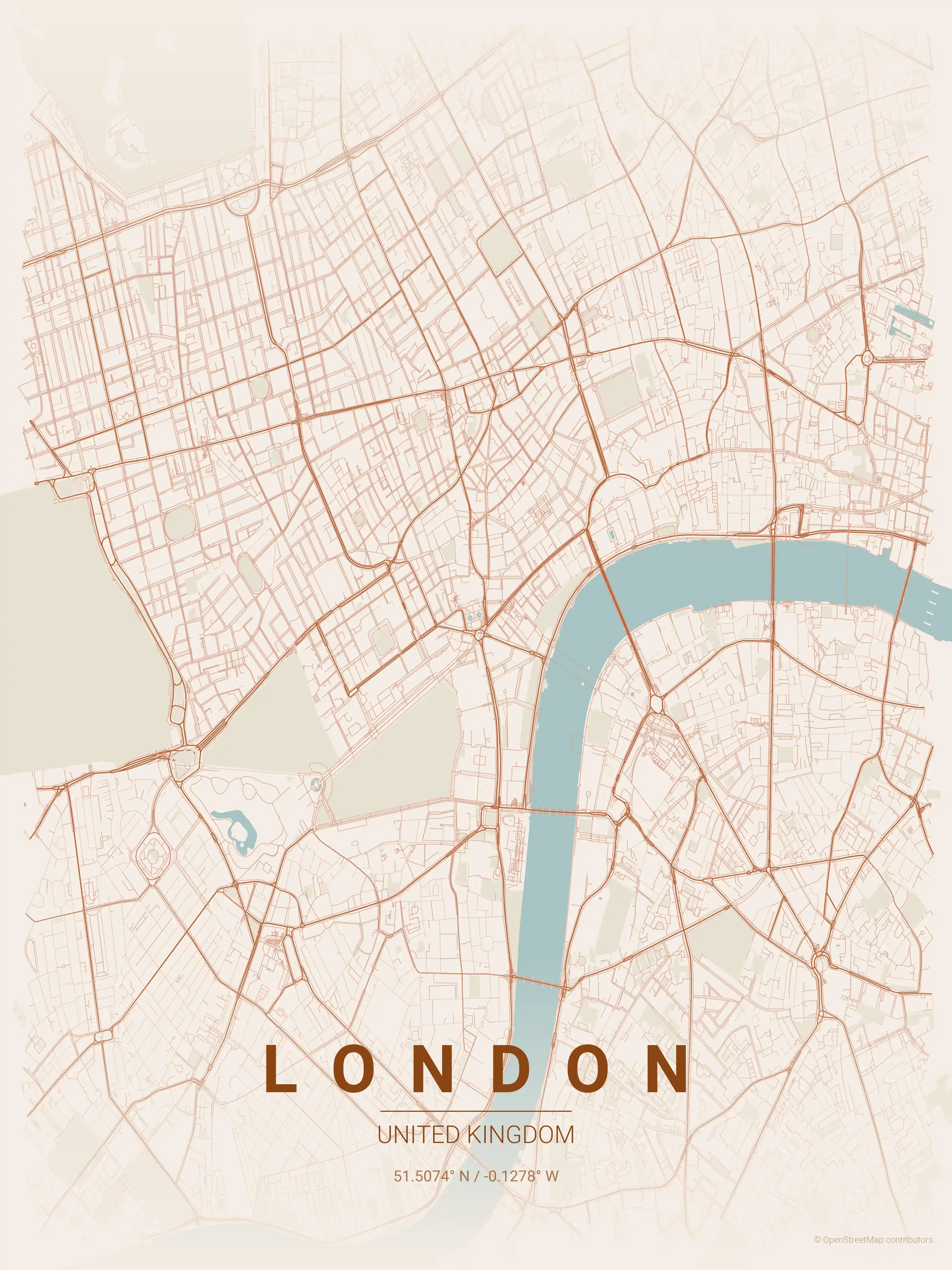 Minimalist terracotta street map of London, United Kingdom - Urban grid art
