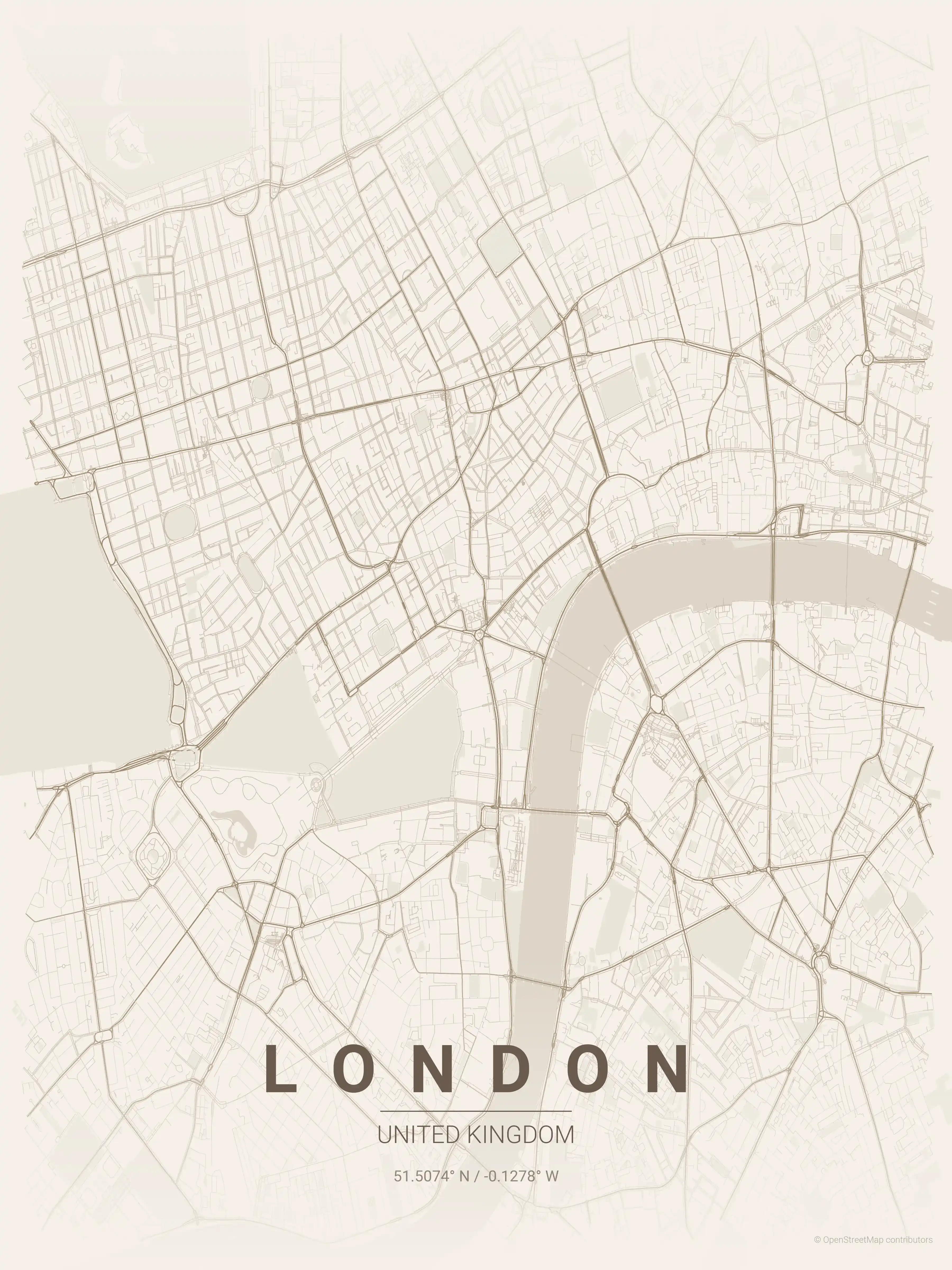 Minimalist warm_beige street map of London, United Kingdom - Urban grid art