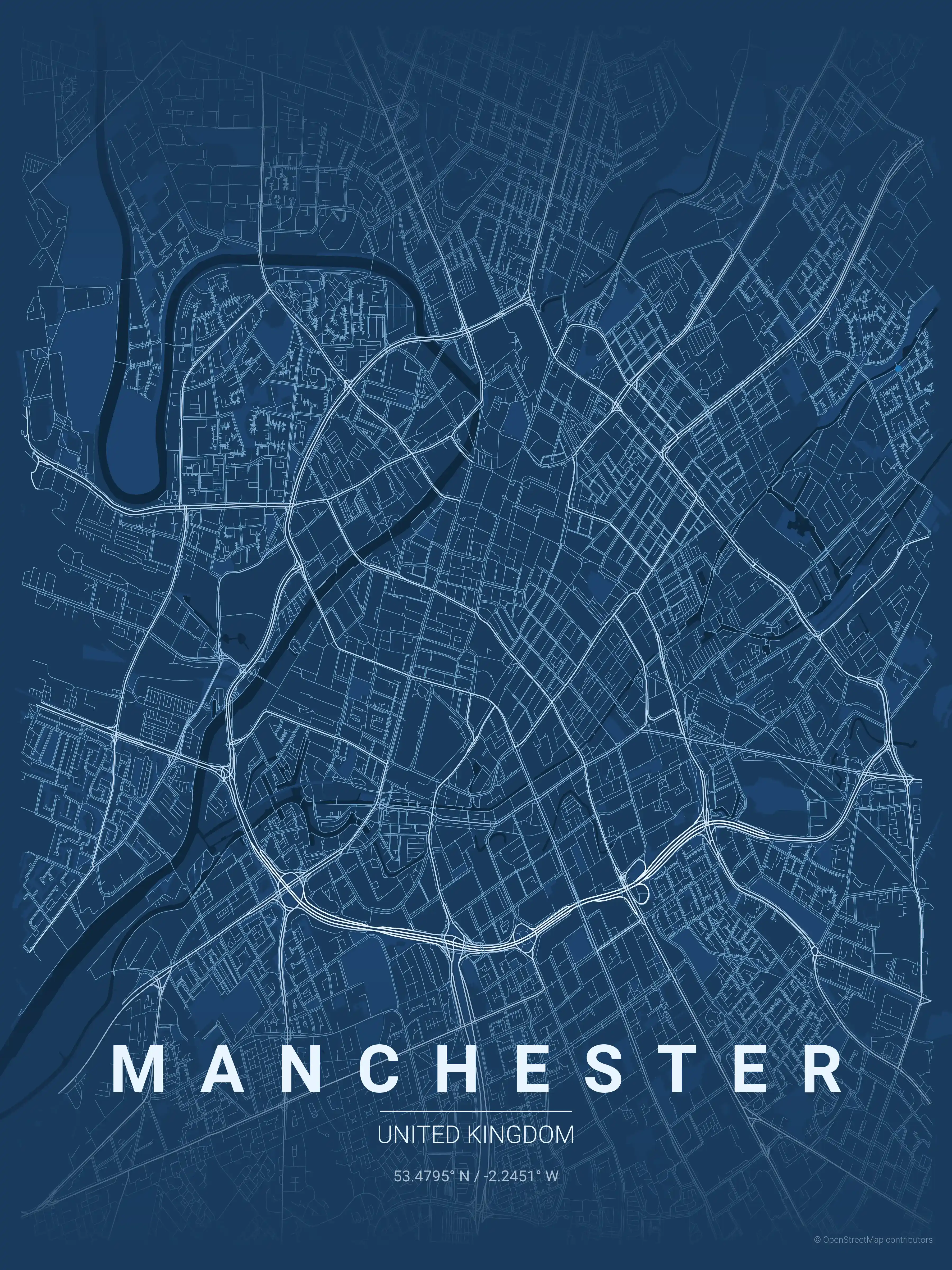 Minimalist blueprint street map of Manchester, United Kingdom - Urban grid art