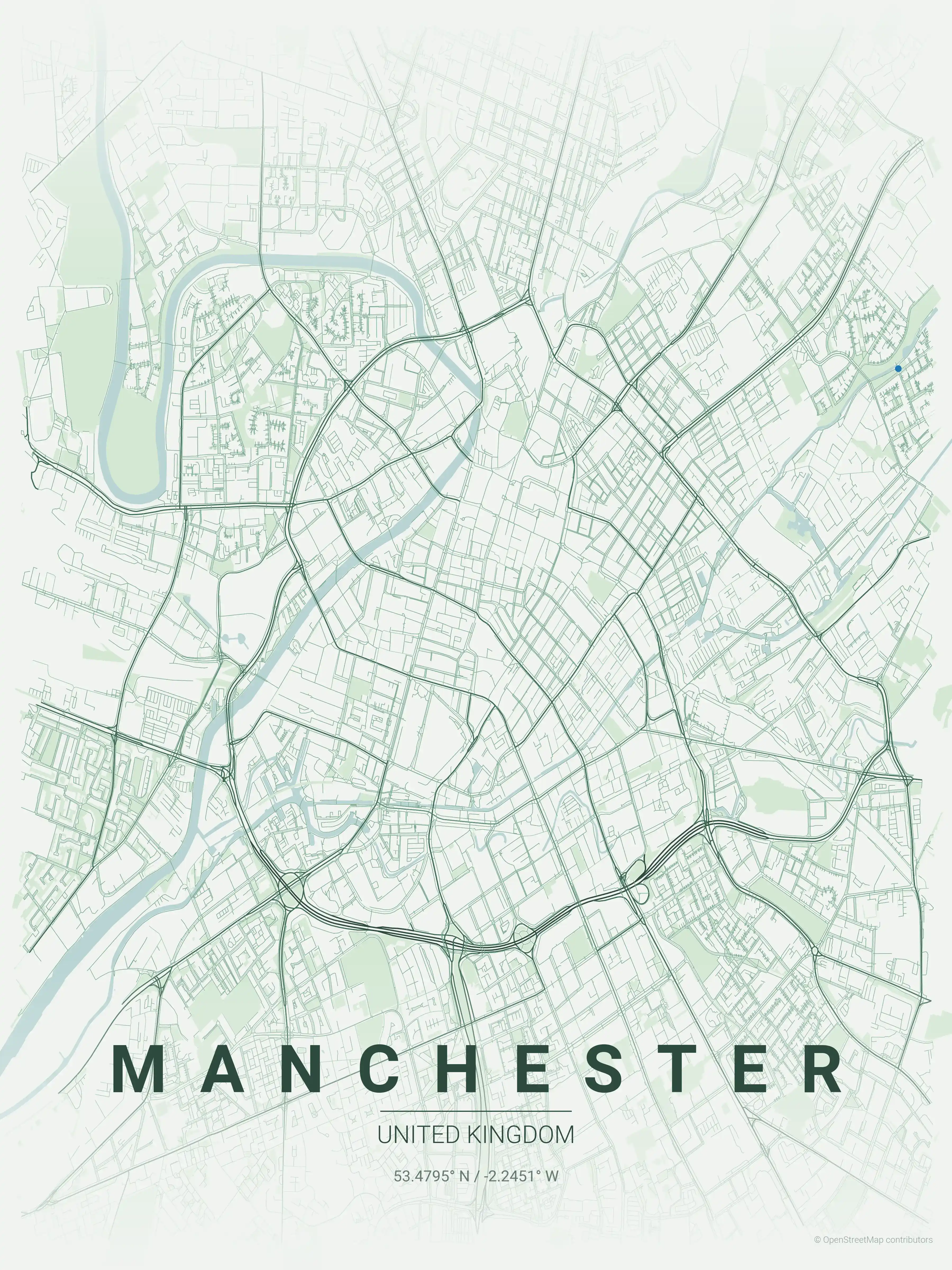 Minimalist forest street map of Manchester, United Kingdom - Urban grid art