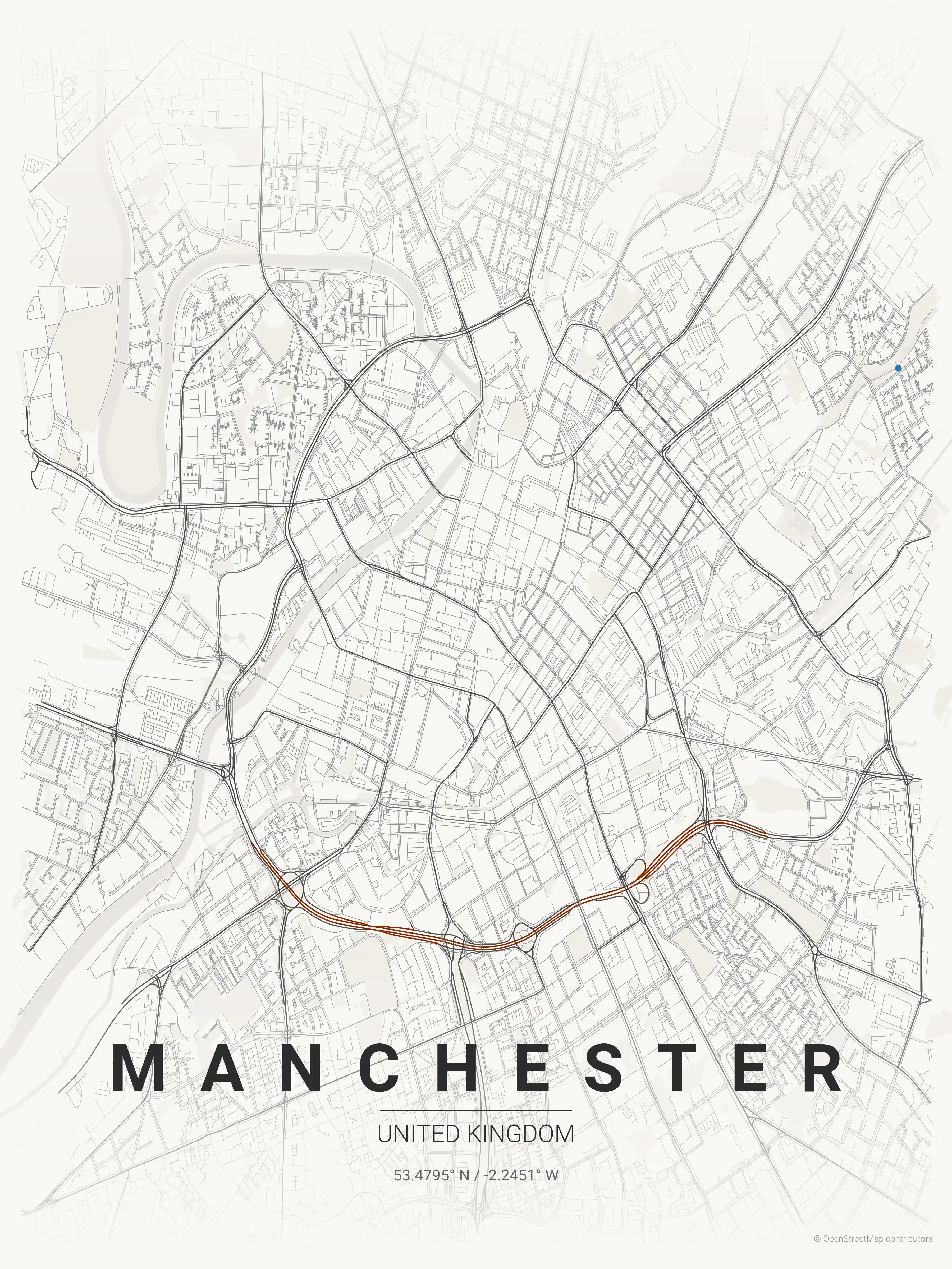Minimalist japanese_ink street map of Manchester, United Kingdom - Urban grid art