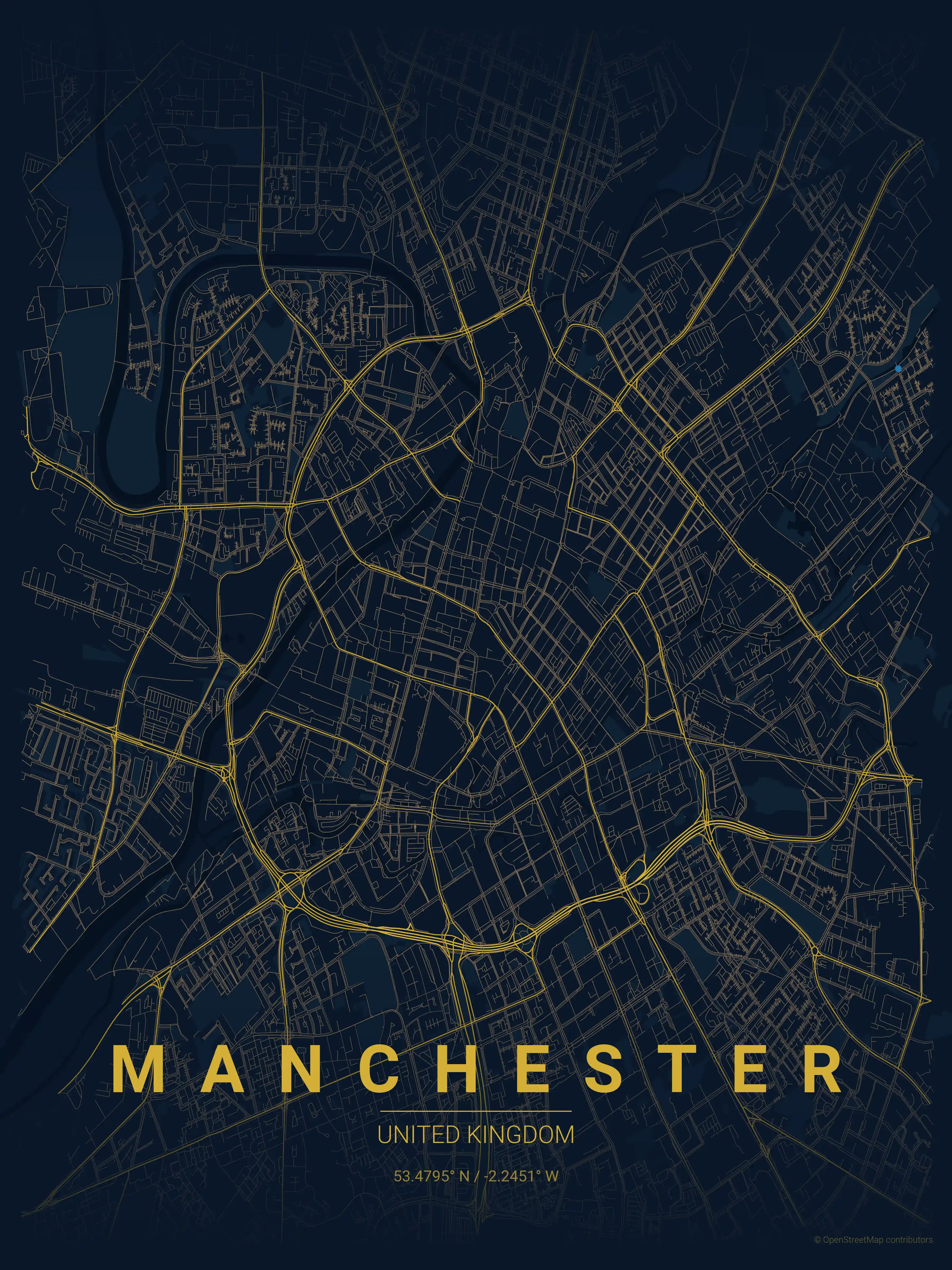 Minimalist midnight_blue street map of Manchester, United Kingdom - Urban grid art