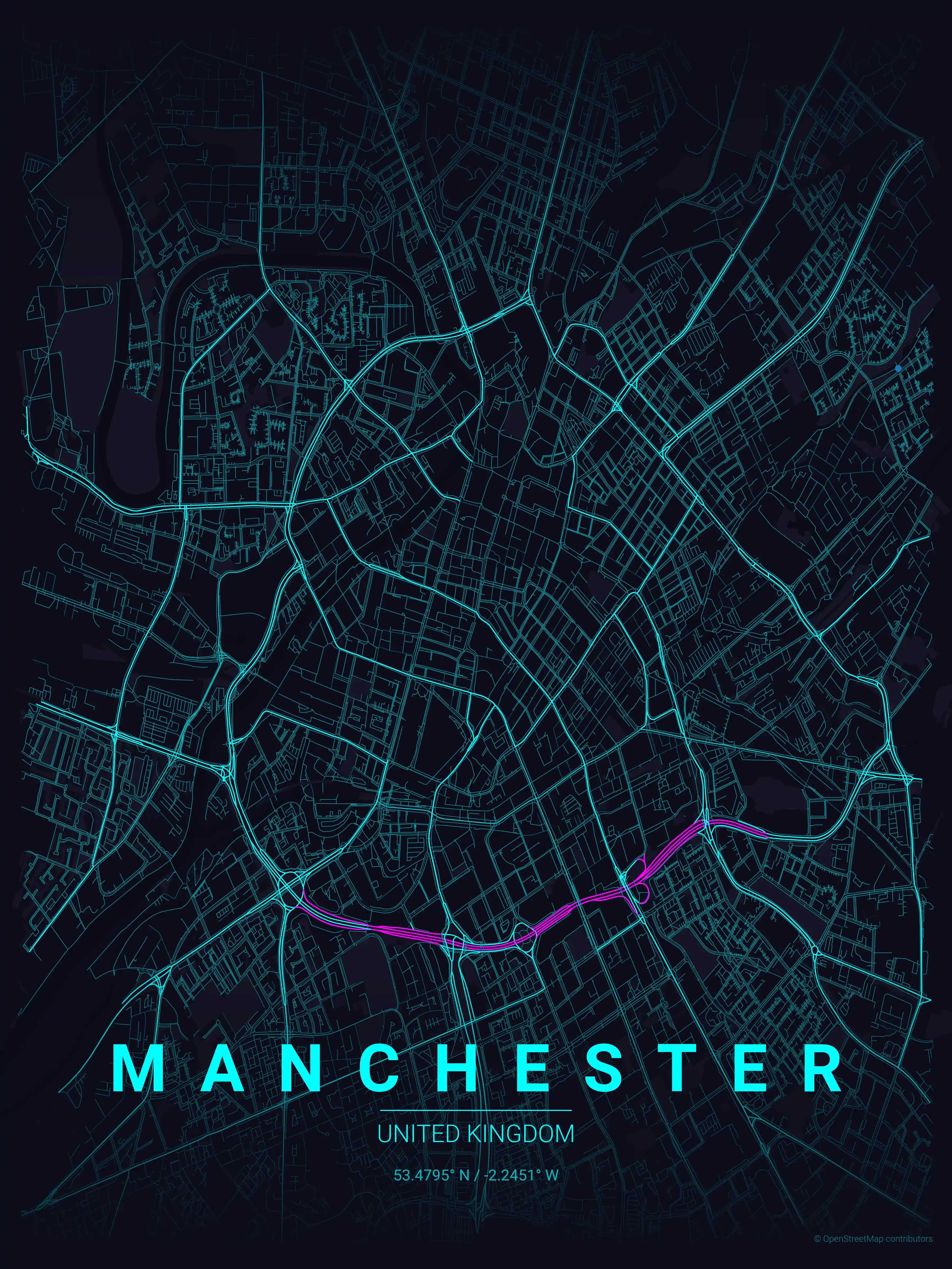 Minimalist neon_cyberpunk street map of Manchester, United Kingdom - Urban grid art