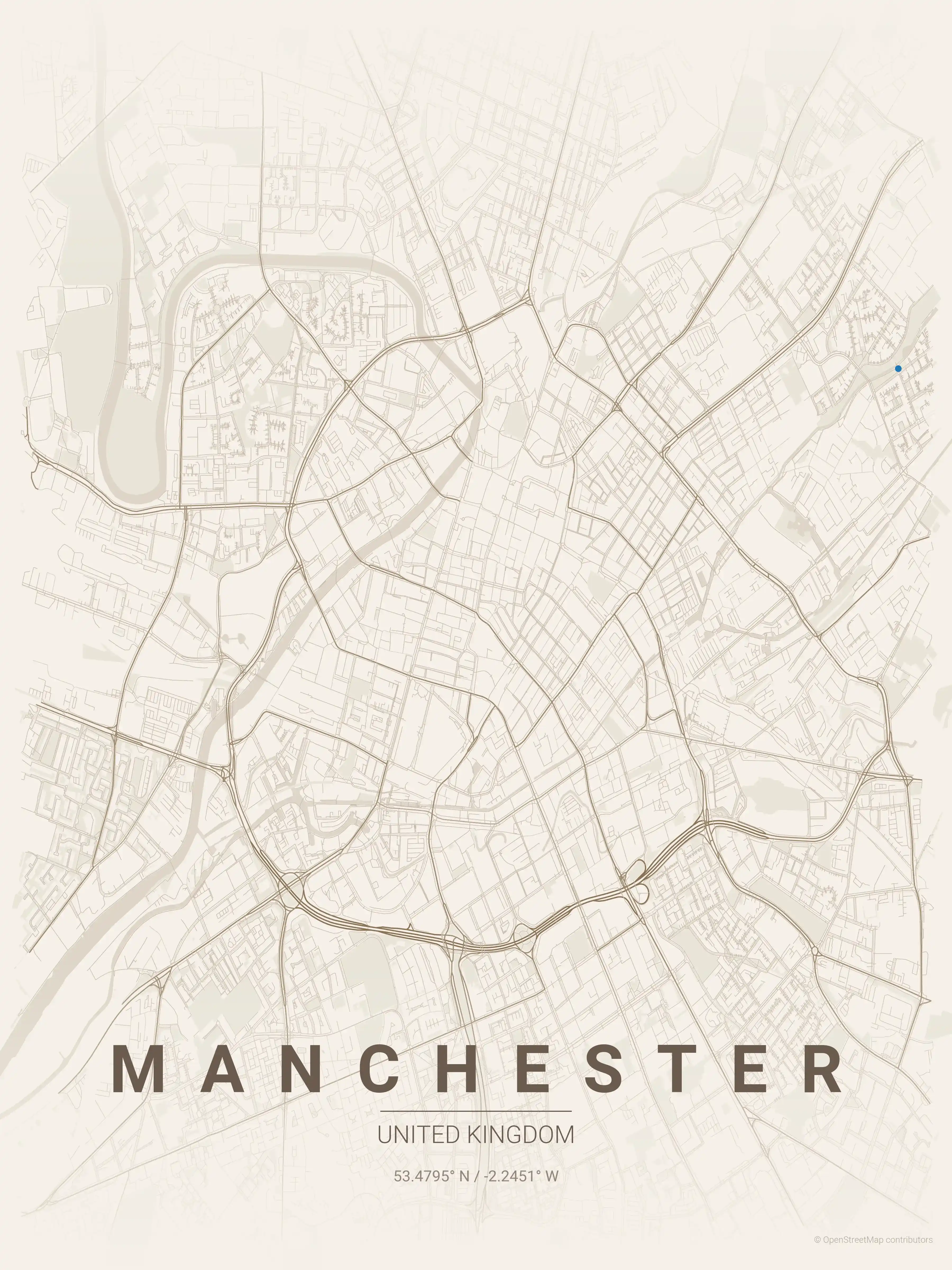 Minimalist warm_beige street map of Manchester, United Kingdom - Urban grid art