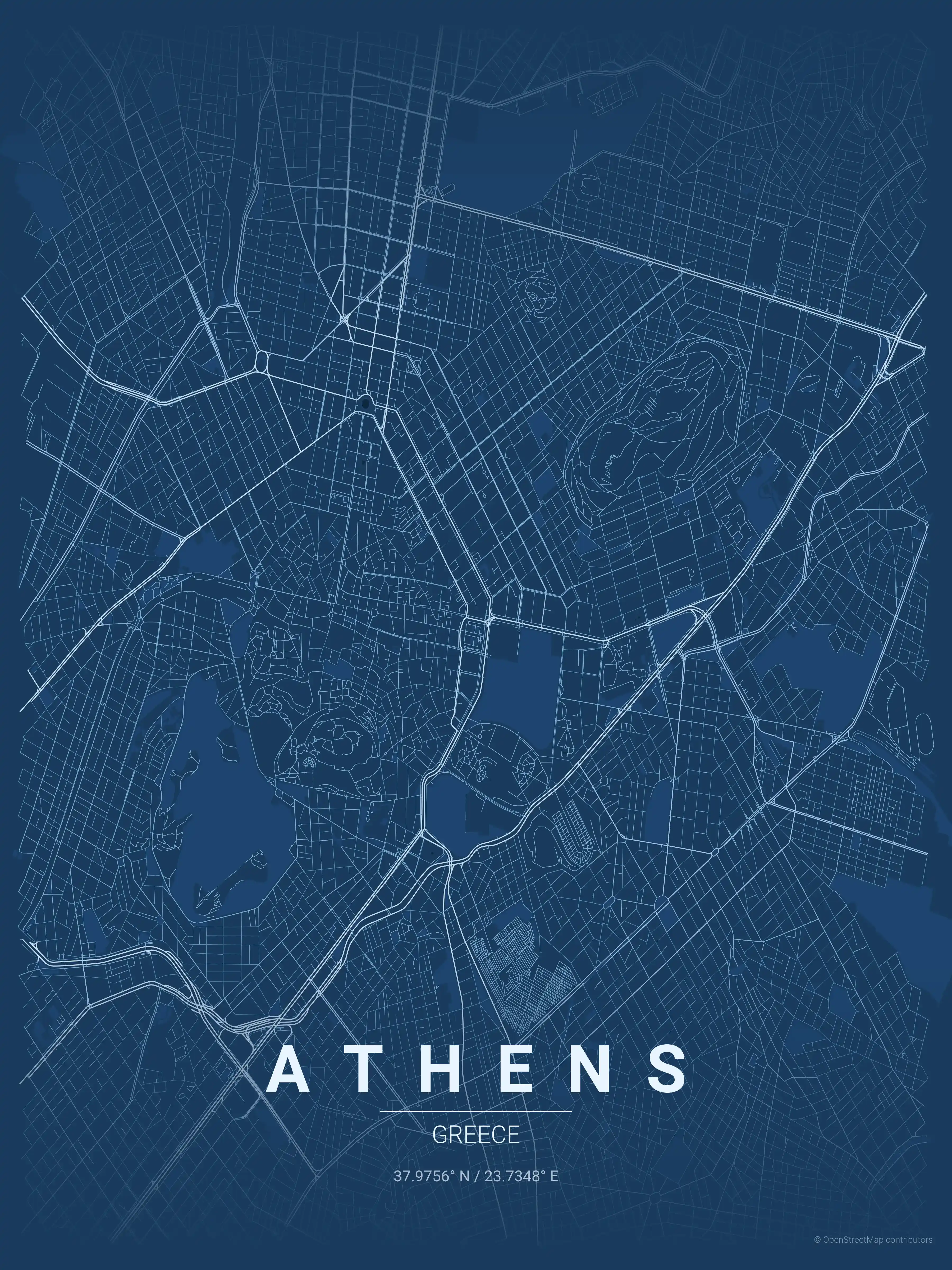 Minimalist blueprint street map of Athens, Greece - Urban grid art