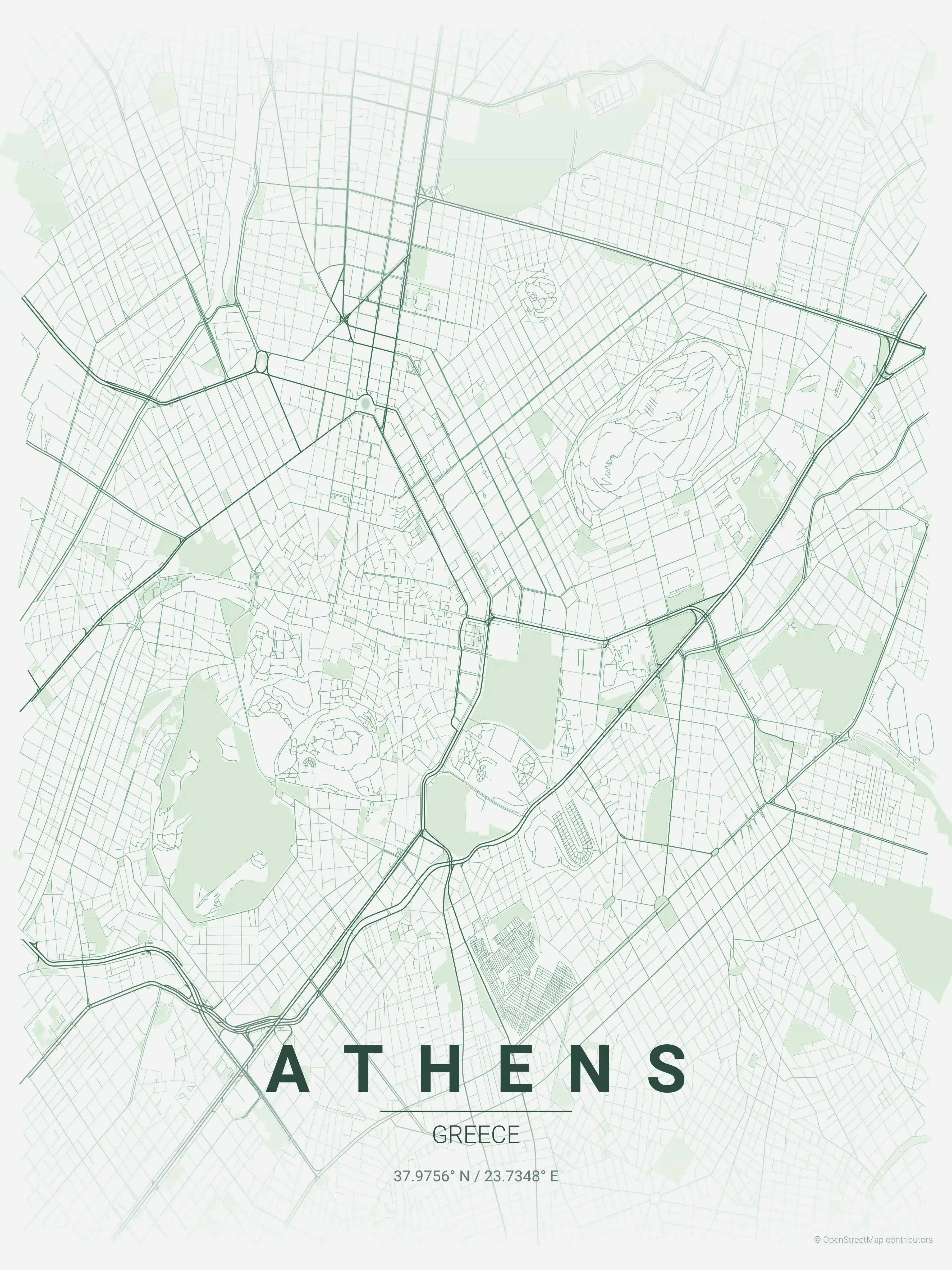 Minimalist forest street map of Athens, Greece - Urban grid art