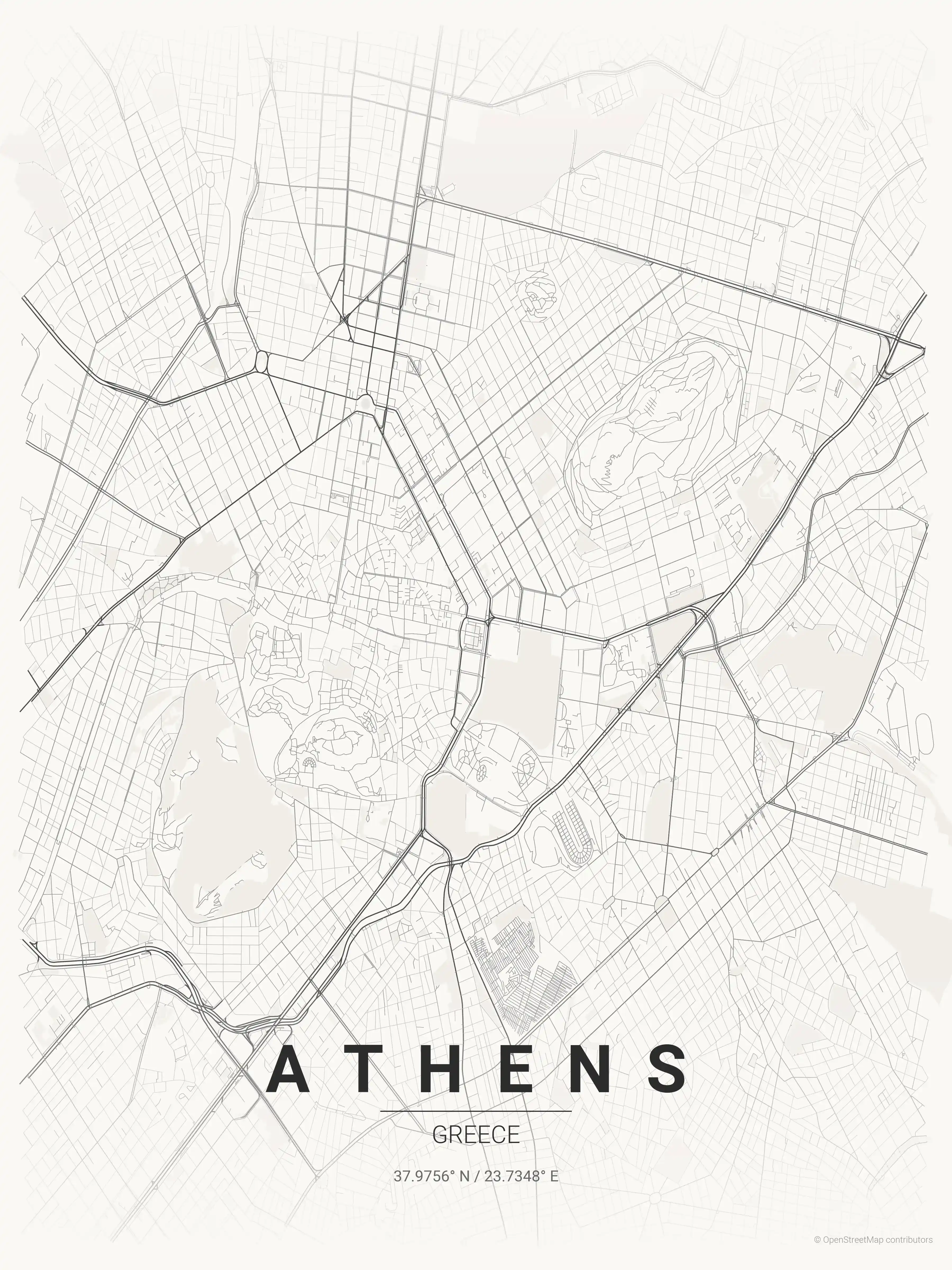 Minimalist japanese_ink street map of Athens, Greece - Urban grid art
