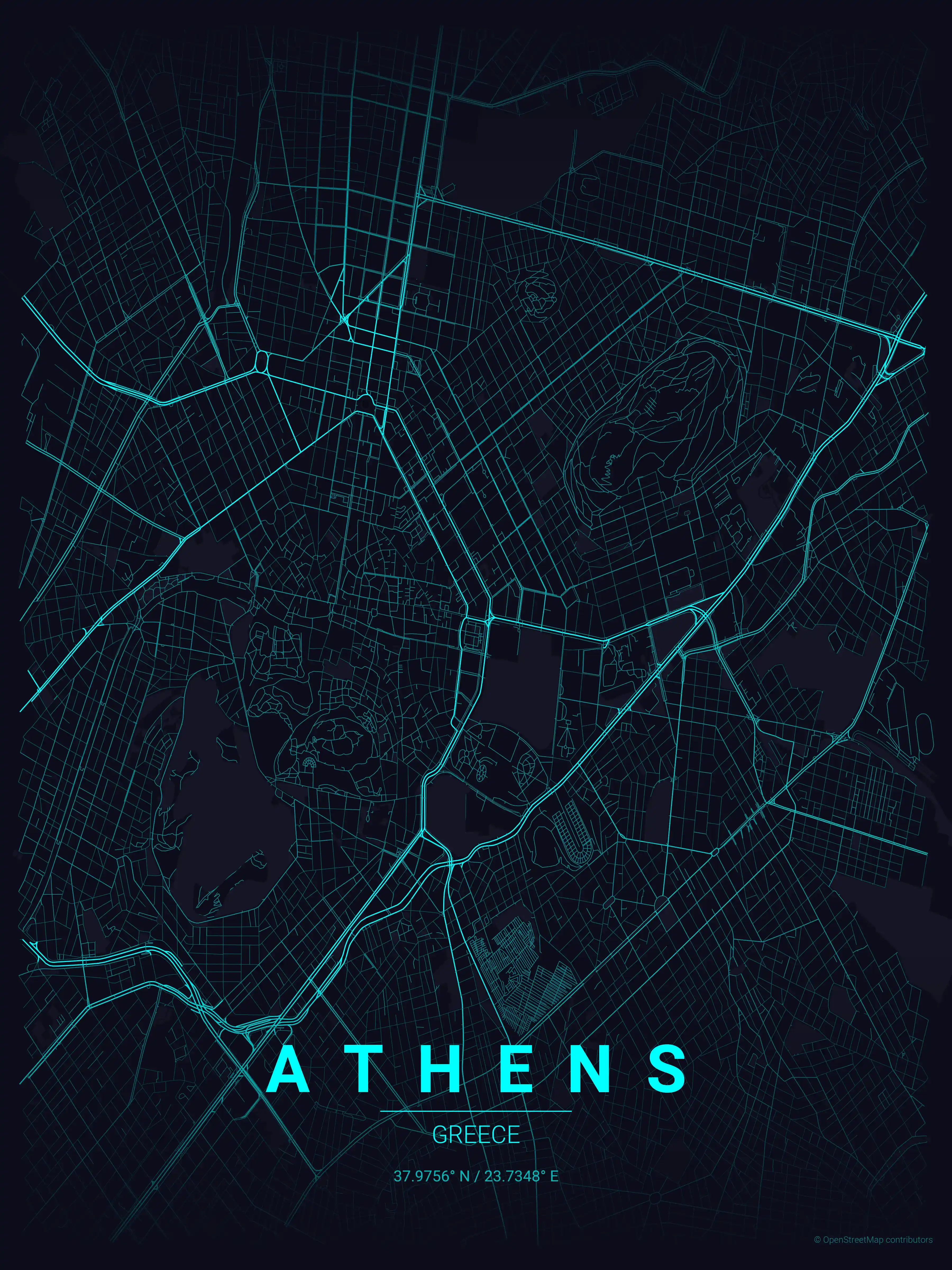 Minimalist neon_cyberpunk street map of Athens, Greece - Urban grid art