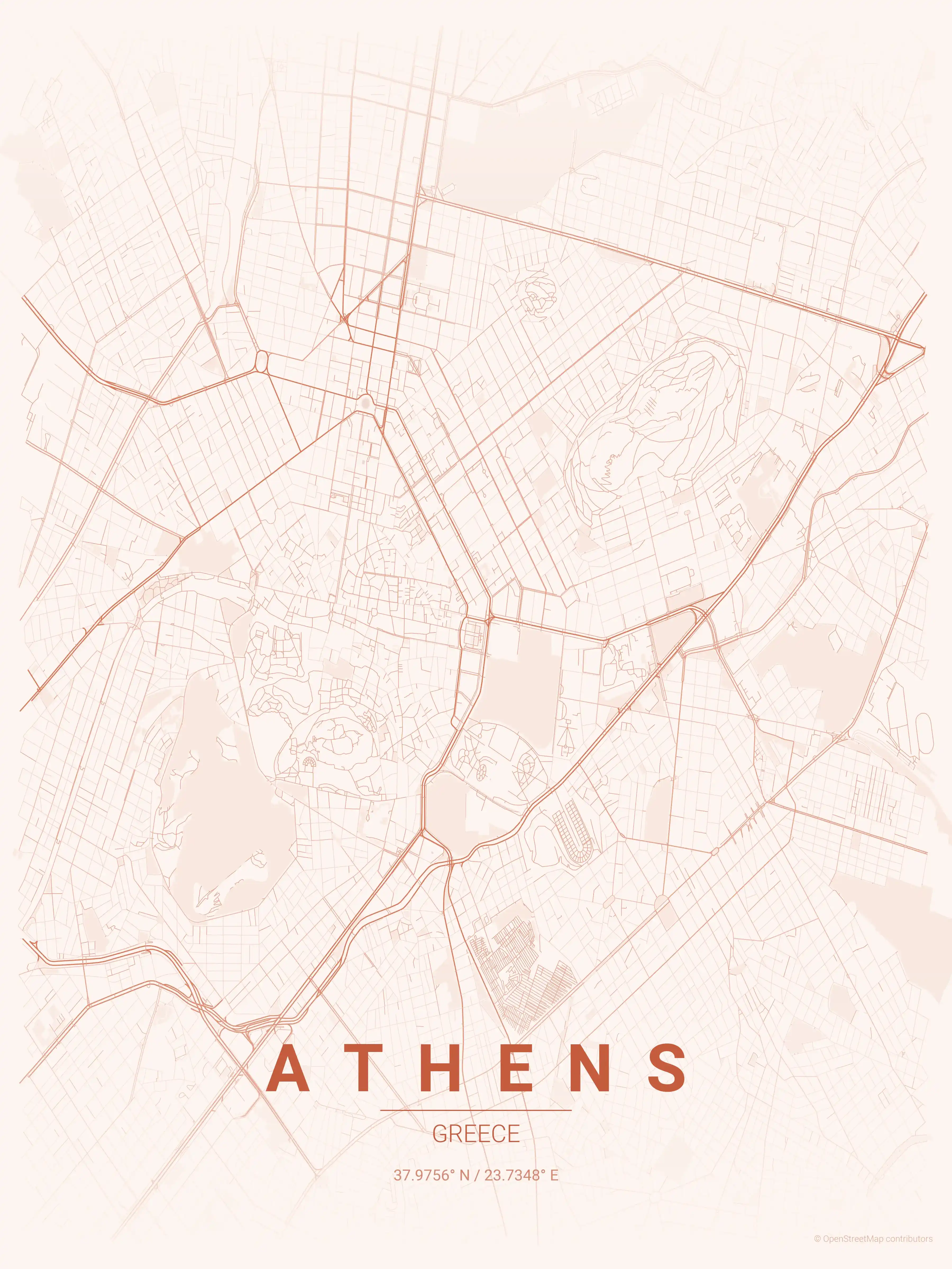 Minimalist sunset street map of Athens, Greece - Urban grid art