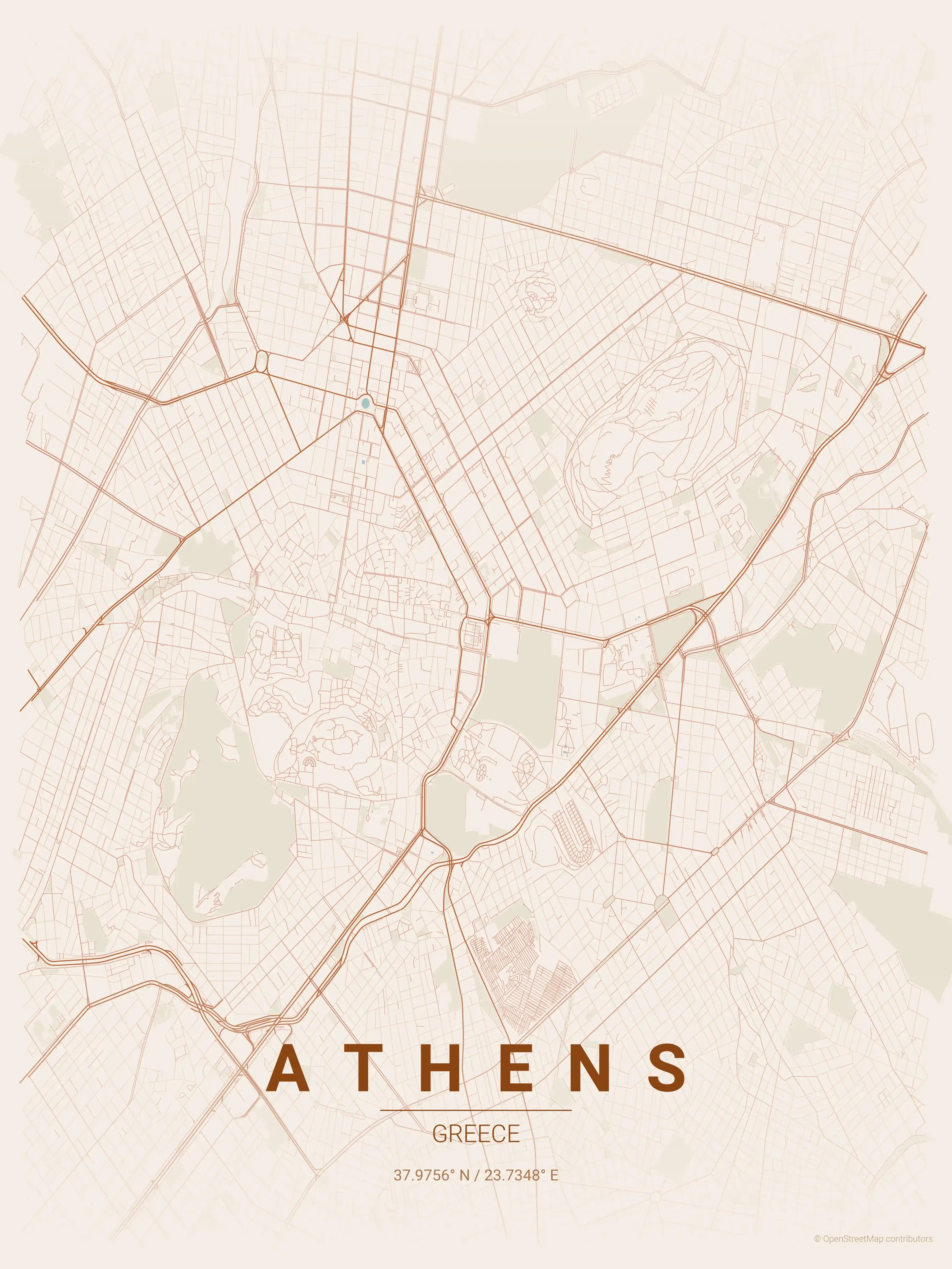 Minimalist terracotta street map of Athens, Greece - Urban grid art