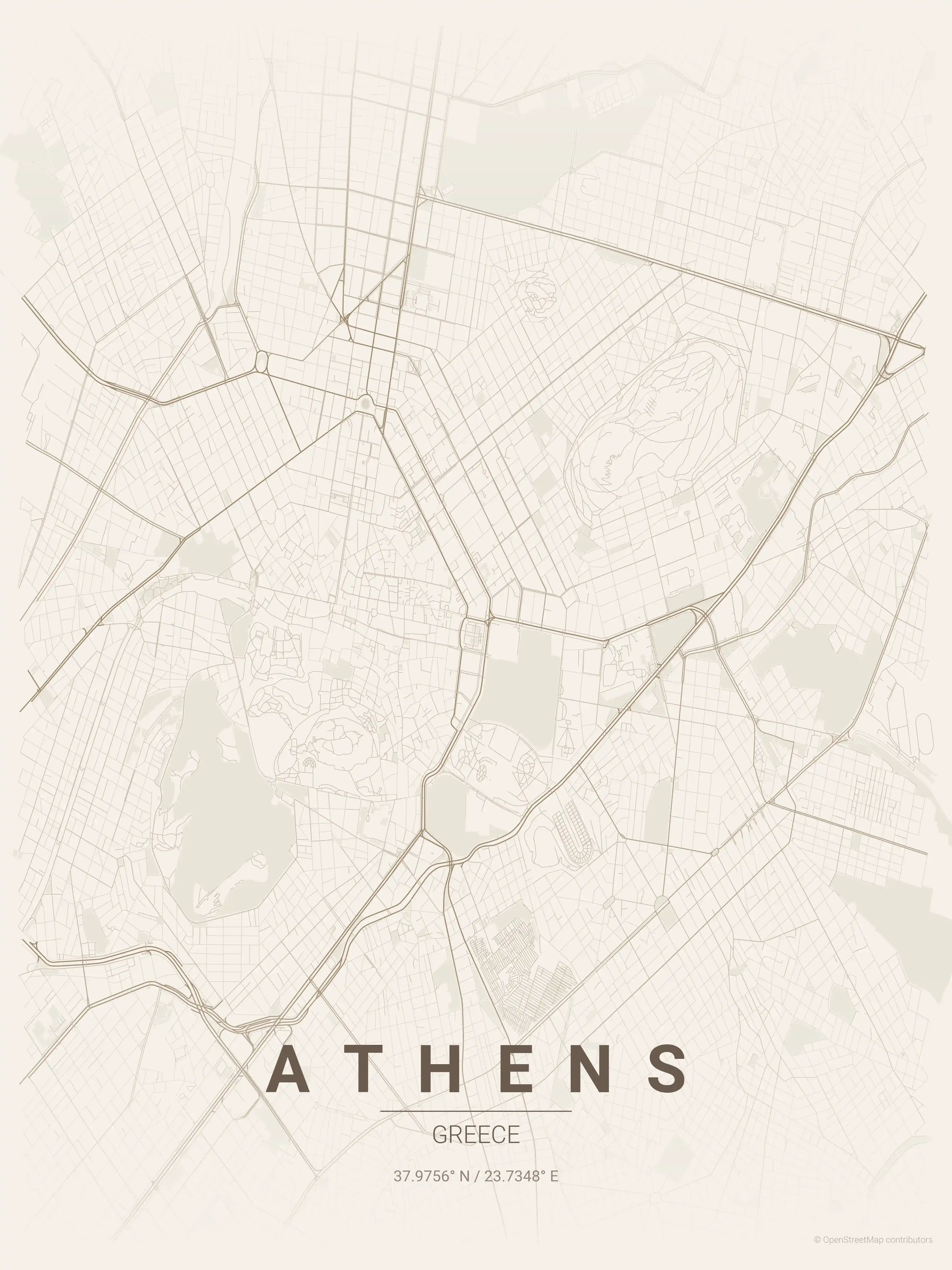 Minimalist warm_beige street map of Athens, Greece - Urban grid art