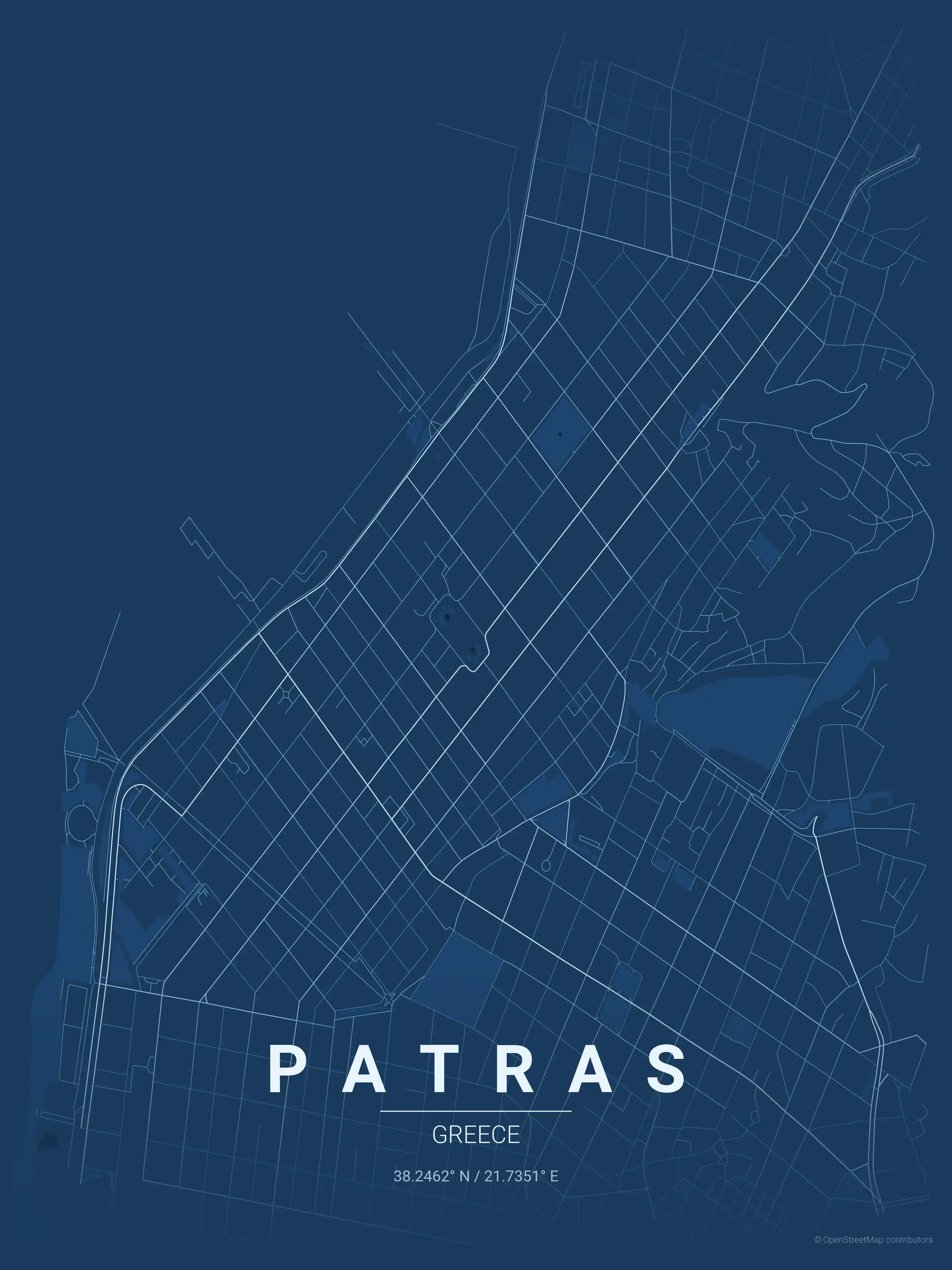 Minimalist blueprint street map of Patras, Greece - Urban grid art