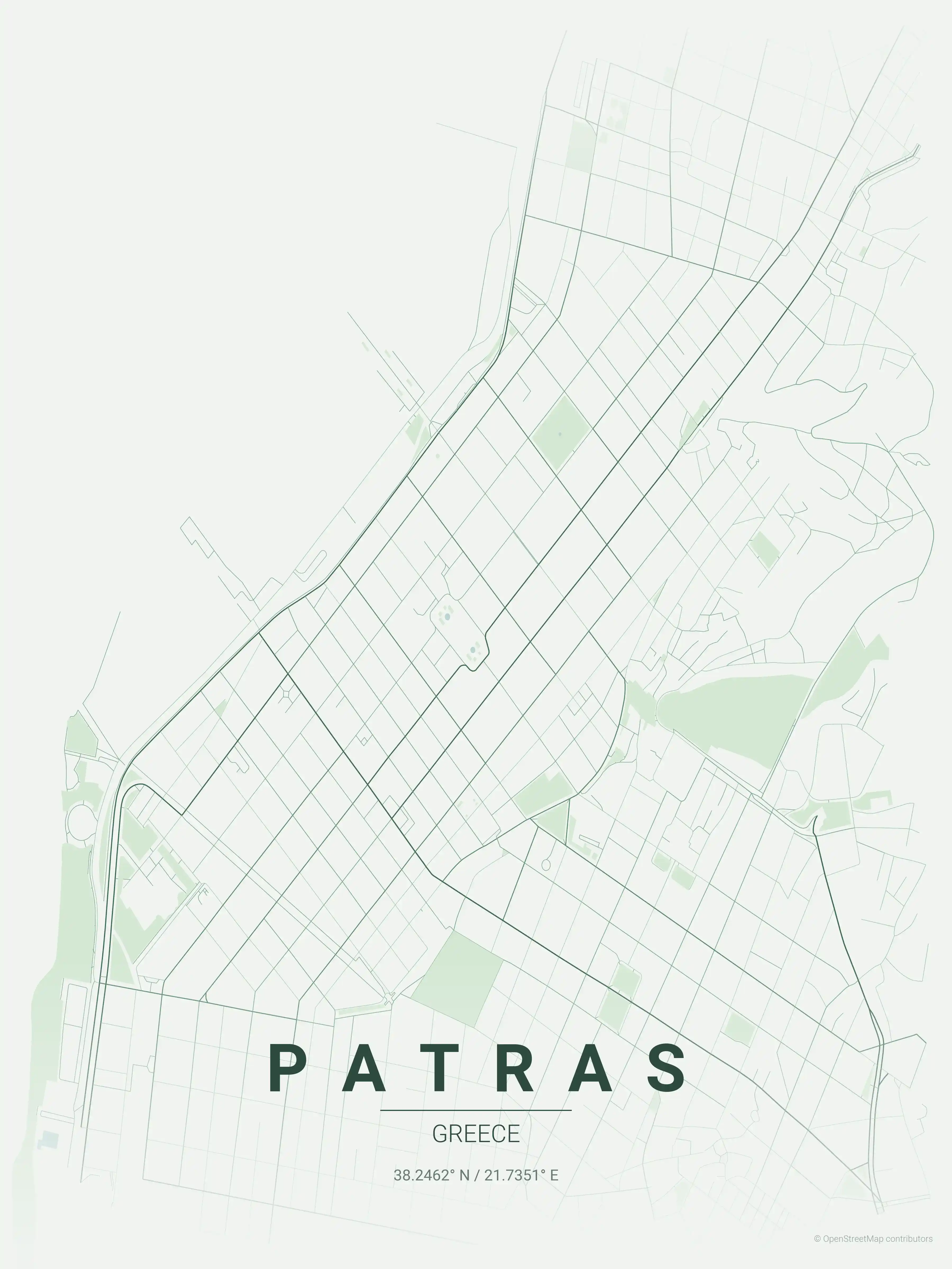 Minimalist forest street map of Patras, Greece - Urban grid art