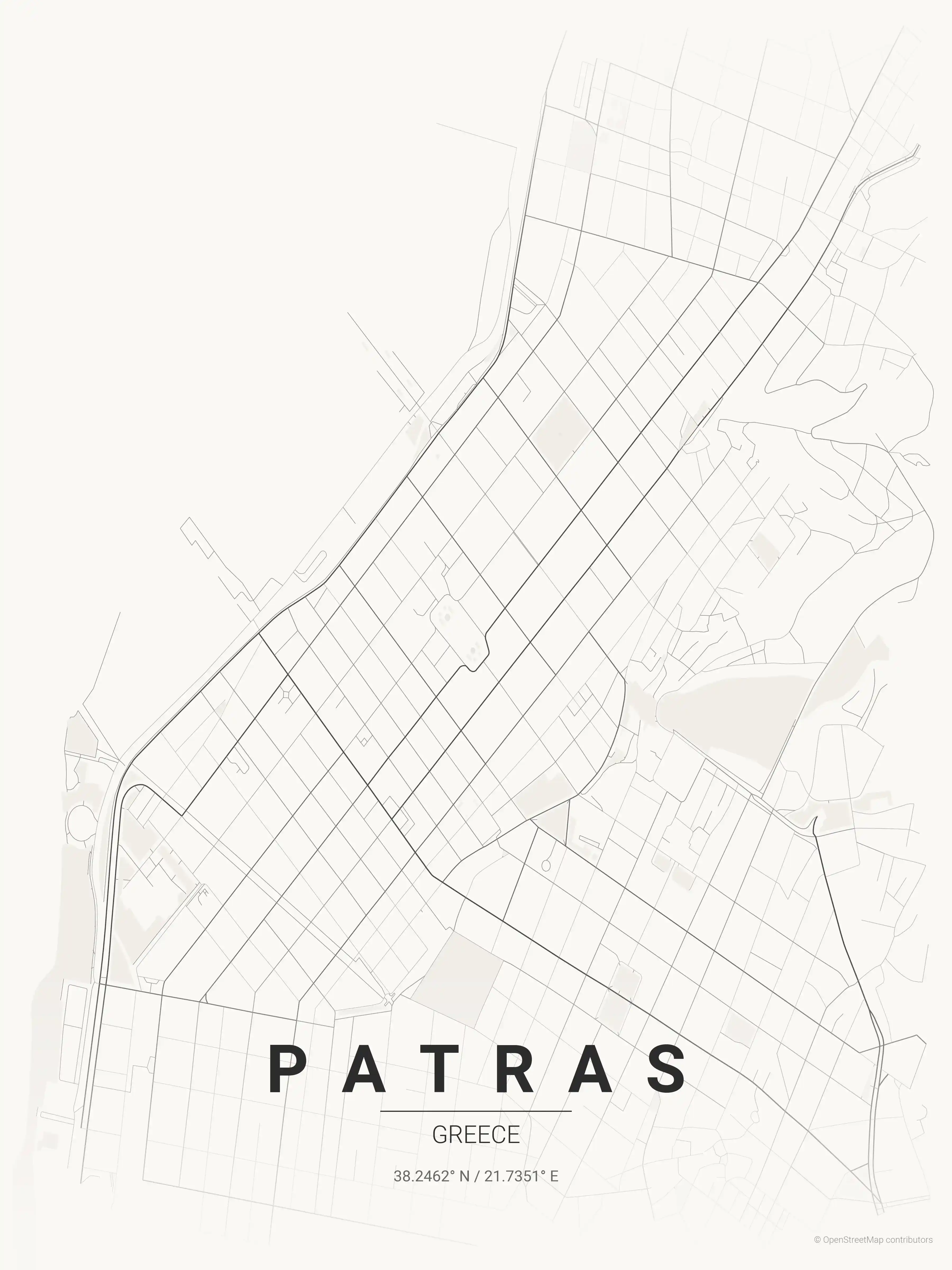 Minimalist japanese_ink street map of Patras, Greece - Urban grid art
