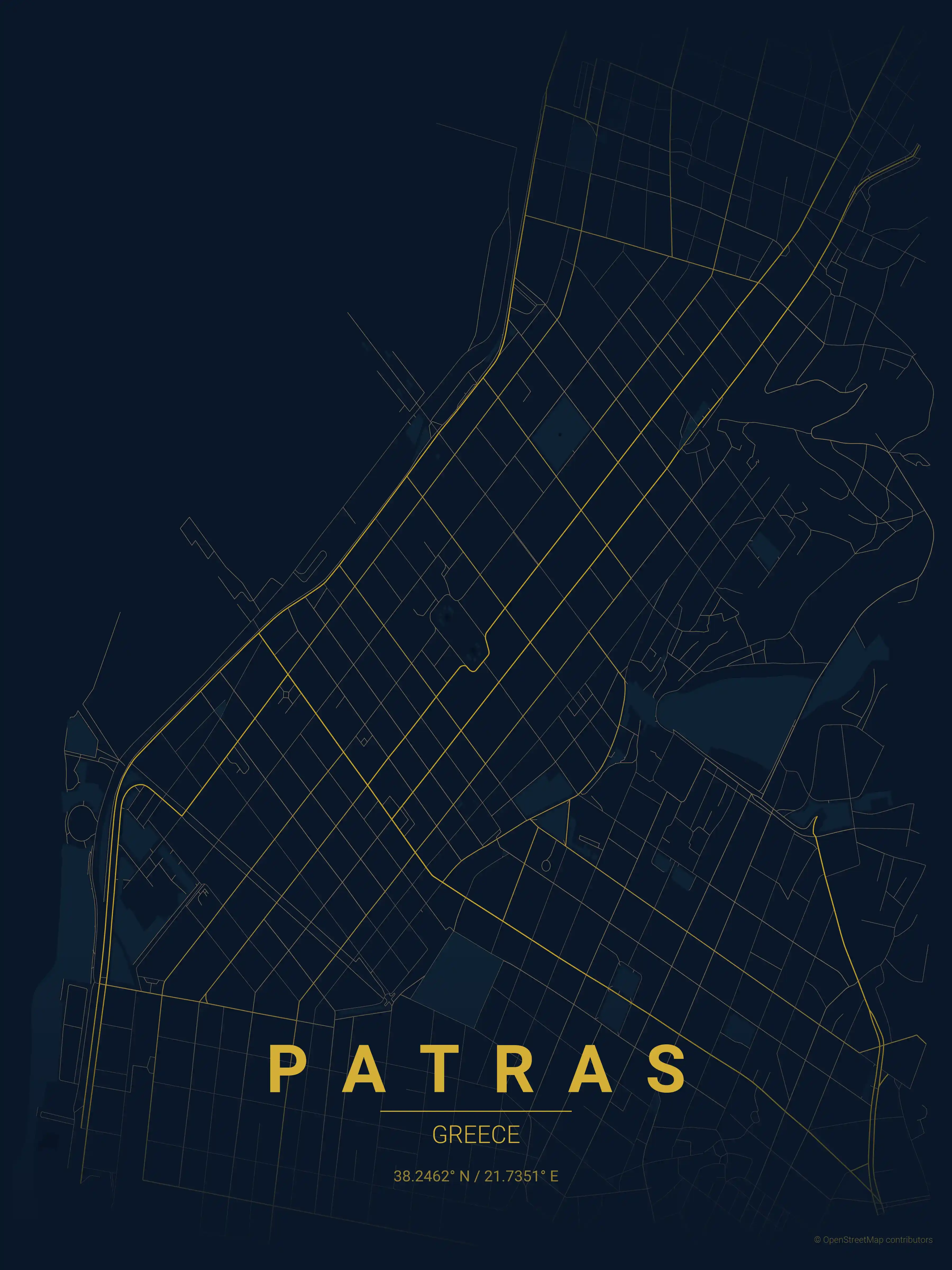 Minimalist midnight_blue street map of Patras, Greece - Urban grid art