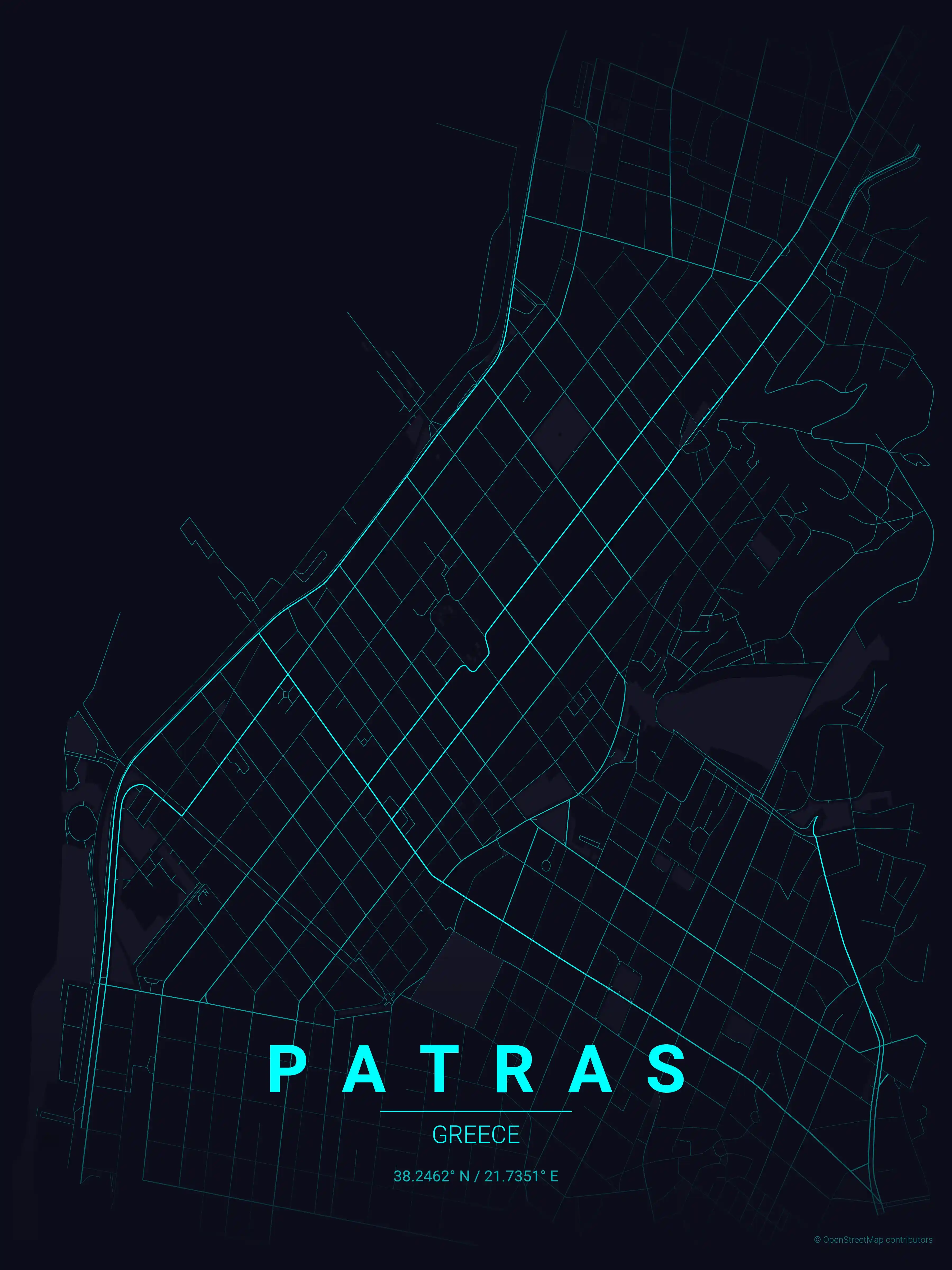 Minimalist neon_cyberpunk street map of Patras, Greece - Urban grid art