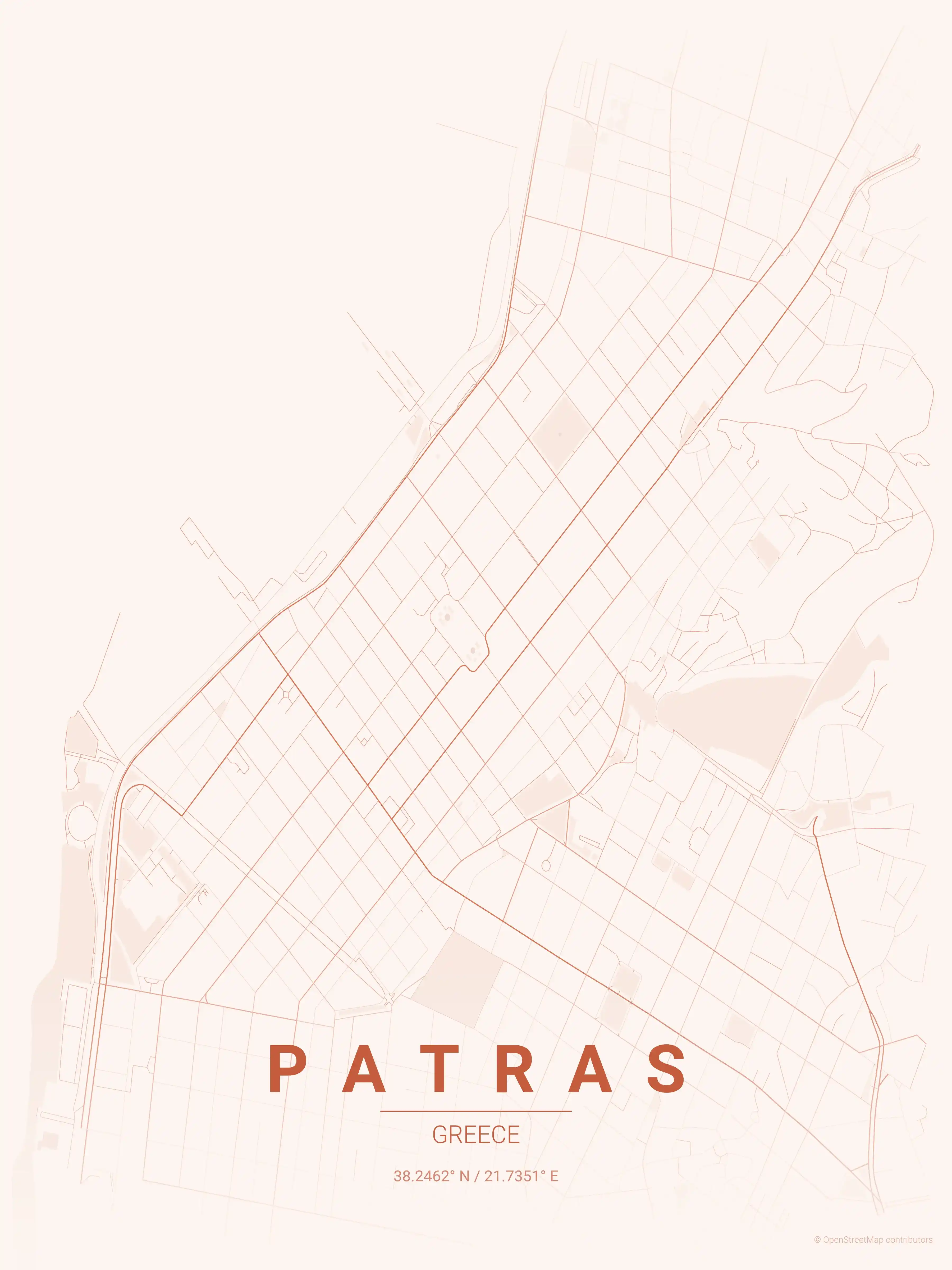 Minimalist sunset street map of Patras, Greece - Urban grid art