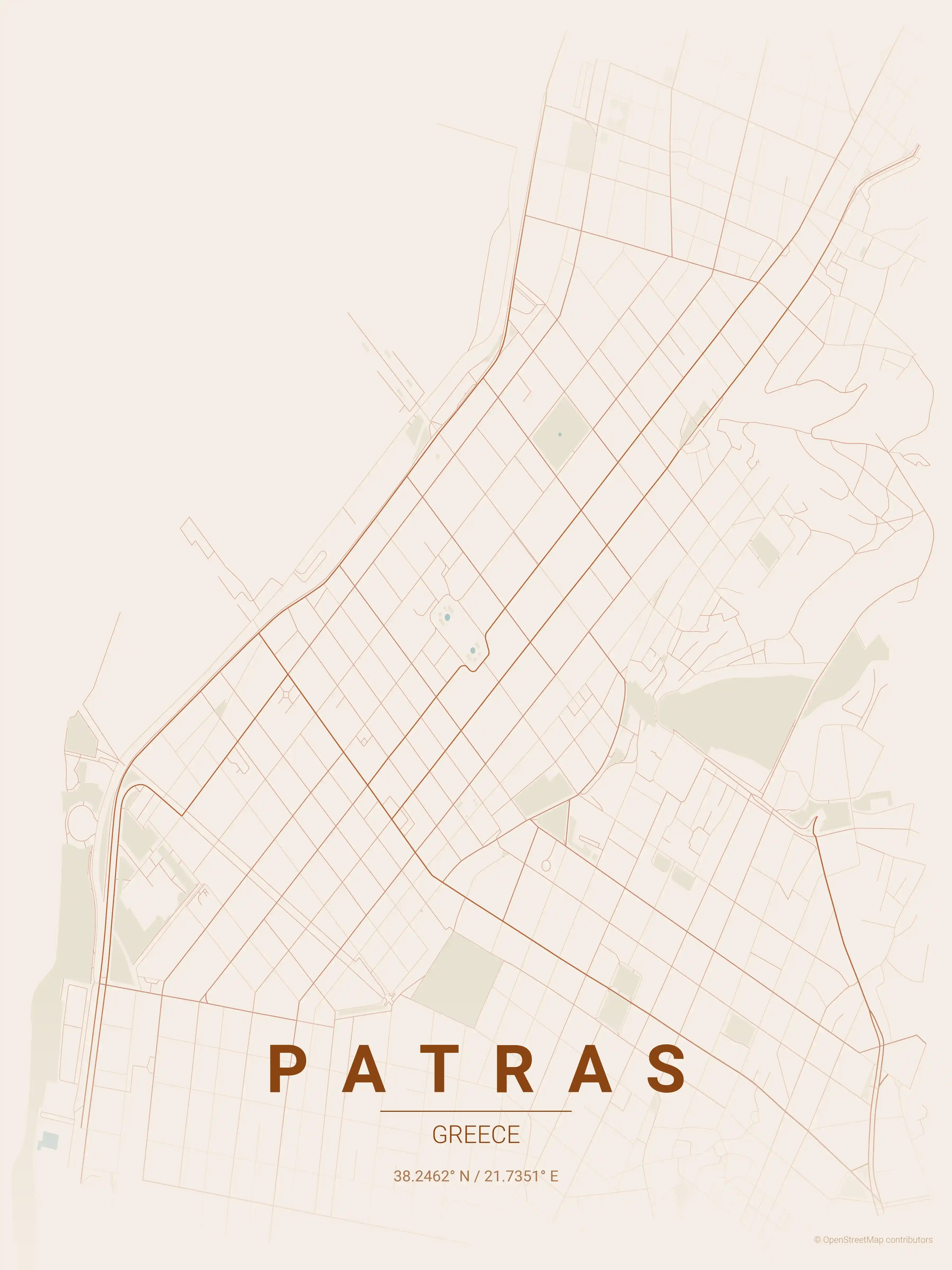 Minimalist terracotta street map of Patras, Greece - Urban grid art