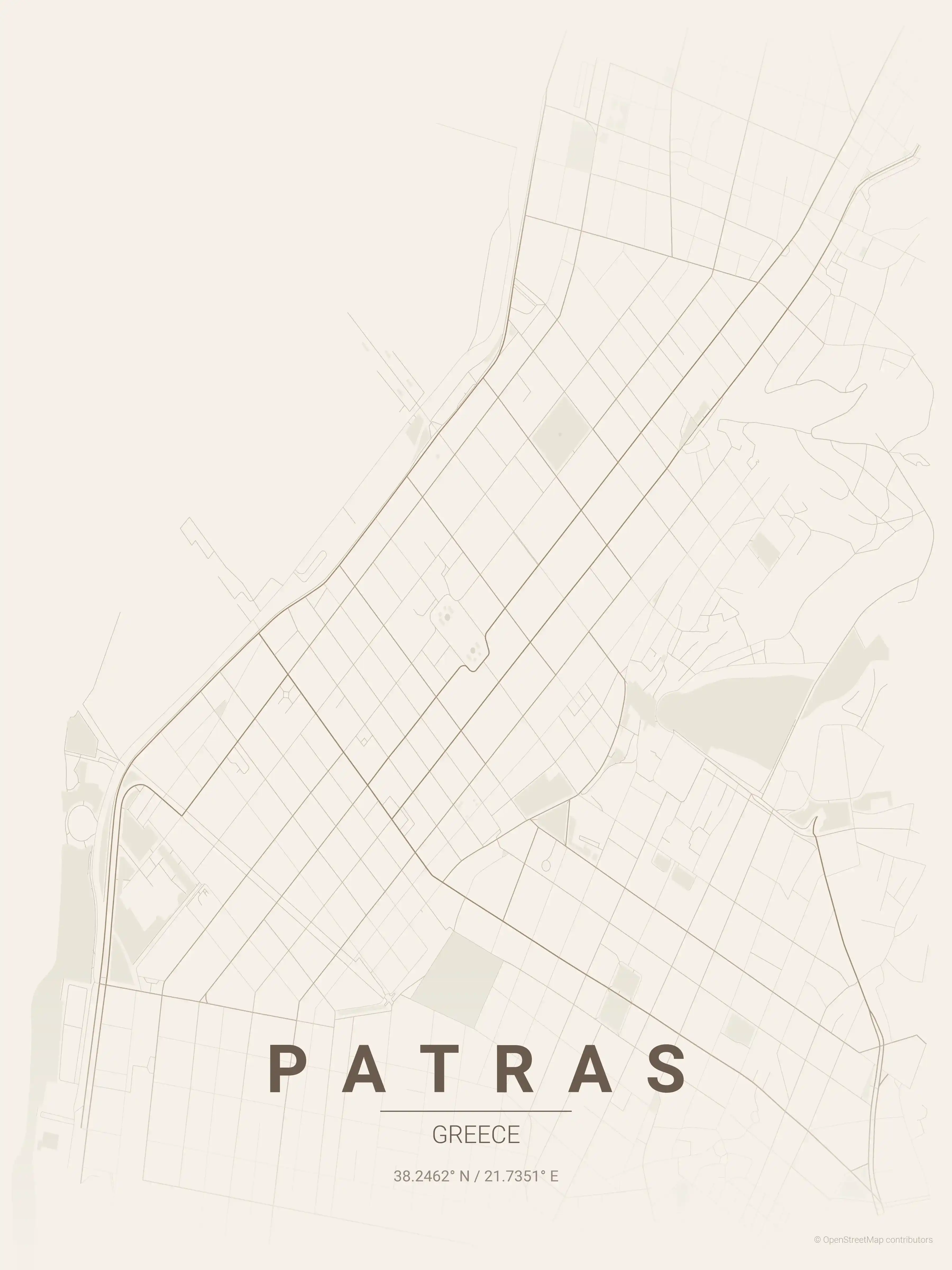 Minimalist warm_beige street map of Patras, Greece - Urban grid art