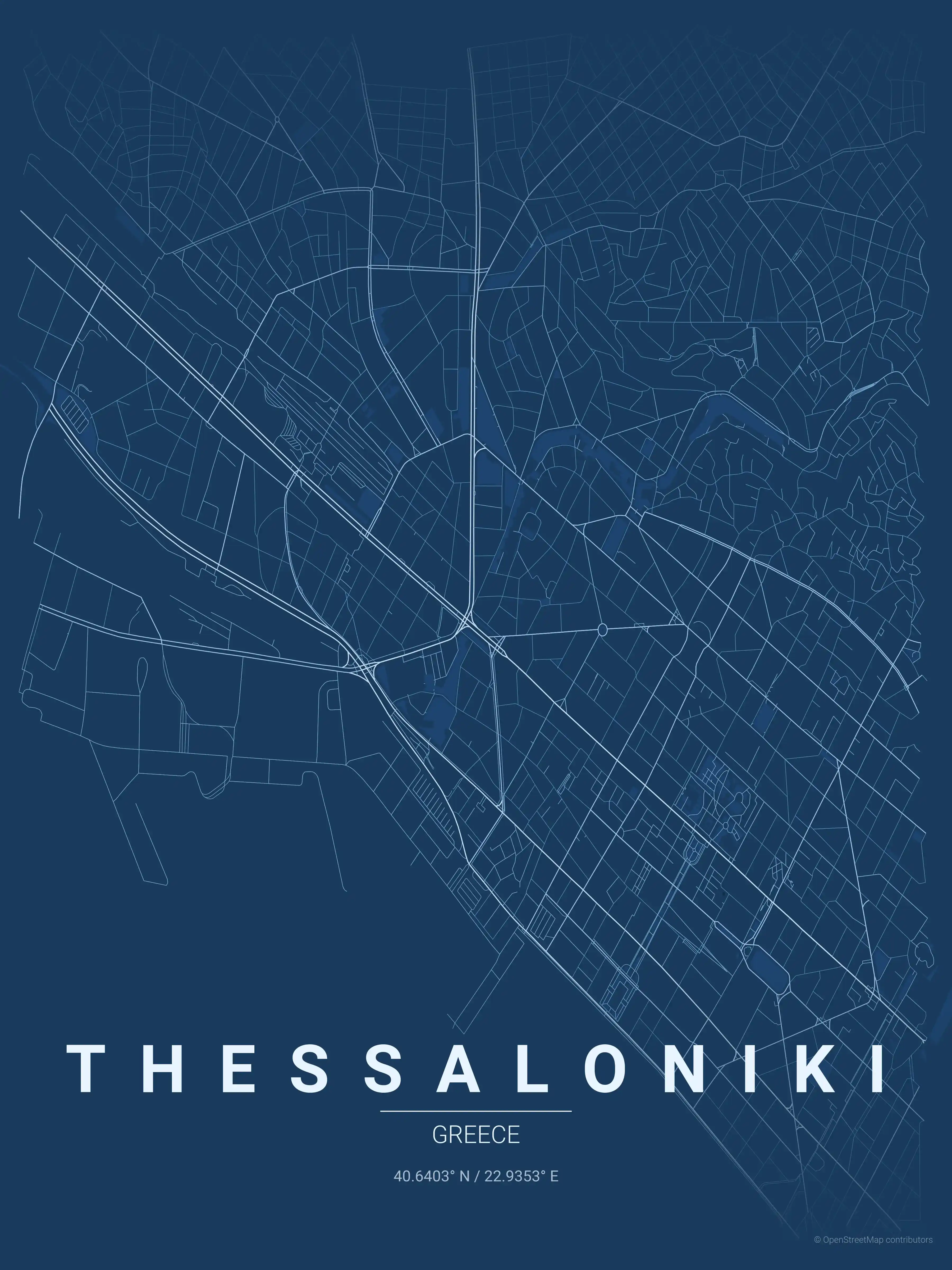 Minimalist blueprint street map of Thessaloniki, Greece - Urban grid art