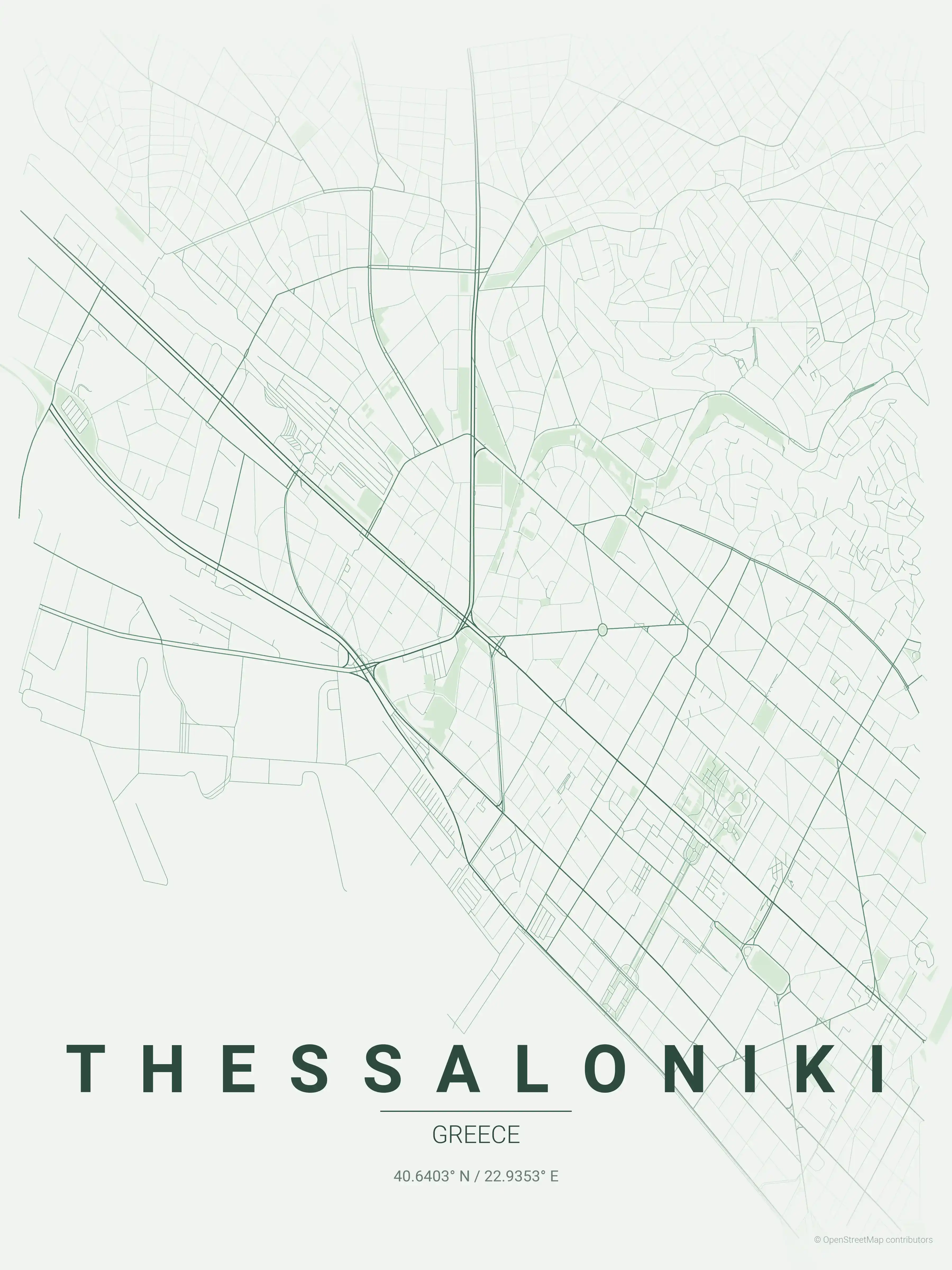 Minimalist forest street map of Thessaloniki, Greece - Urban grid art