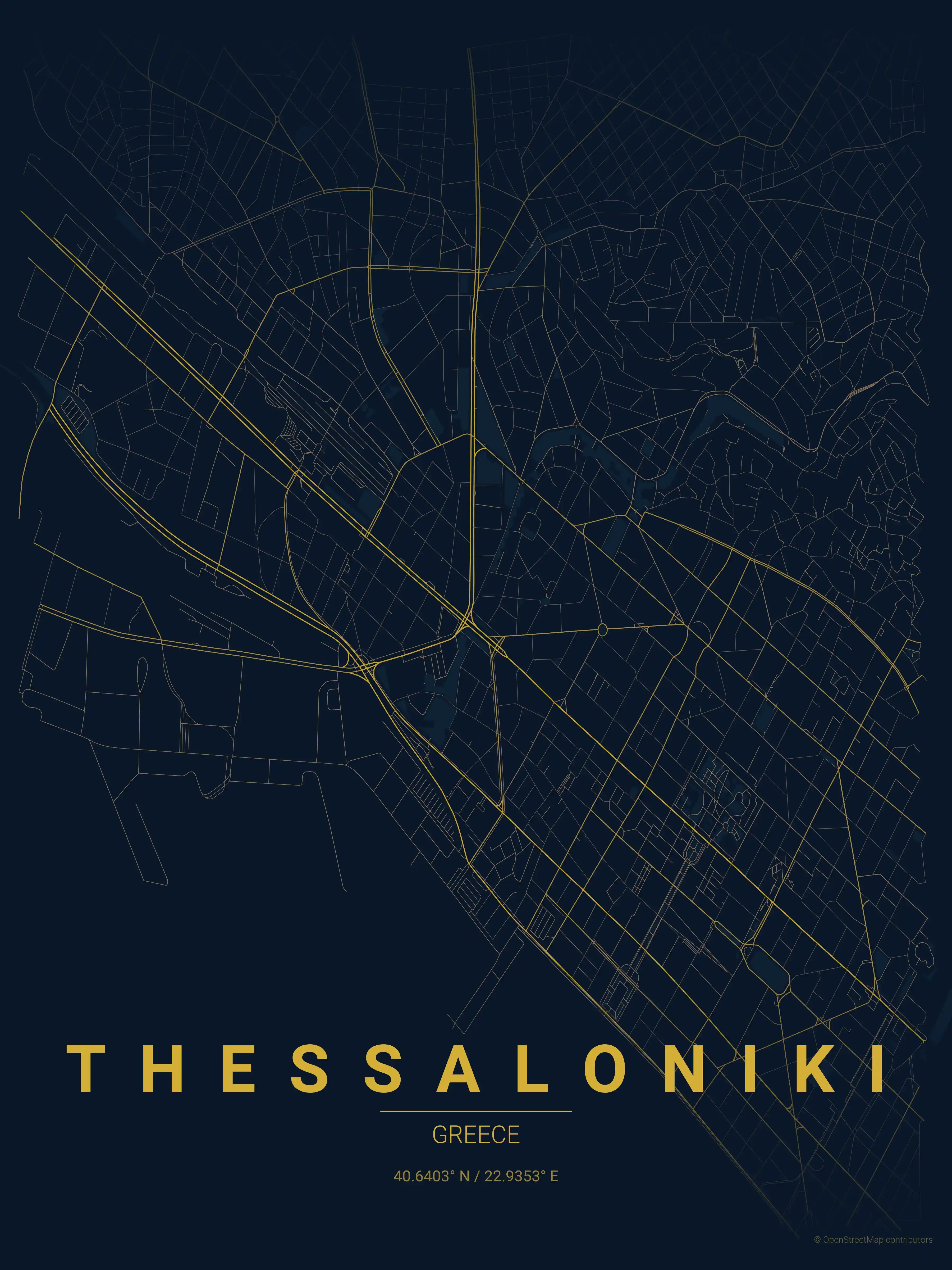 Minimalist midnight_blue street map of Thessaloniki, Greece - Urban grid art