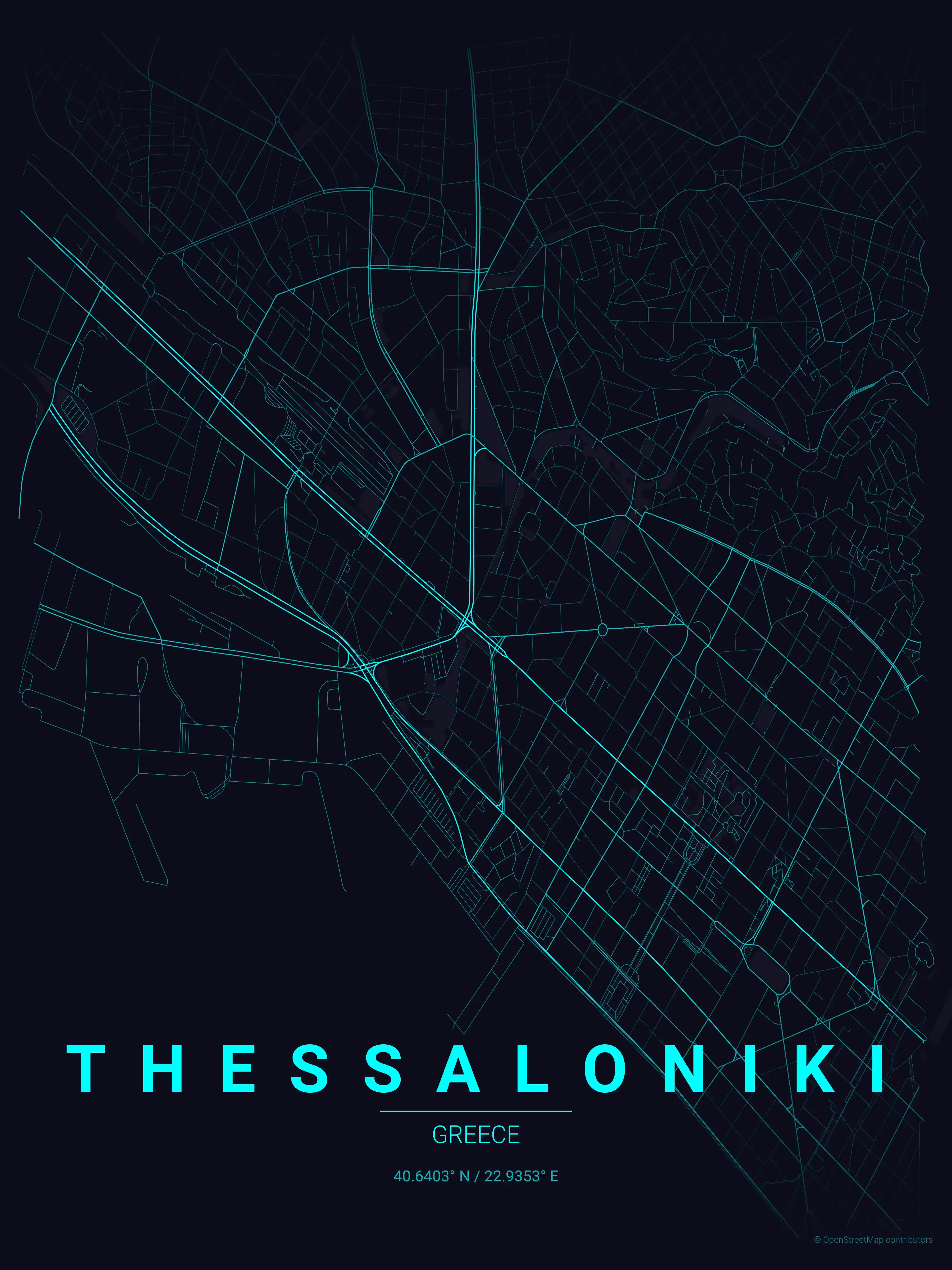 Minimalist neon_cyberpunk street map of Thessaloniki, Greece - Urban grid art
