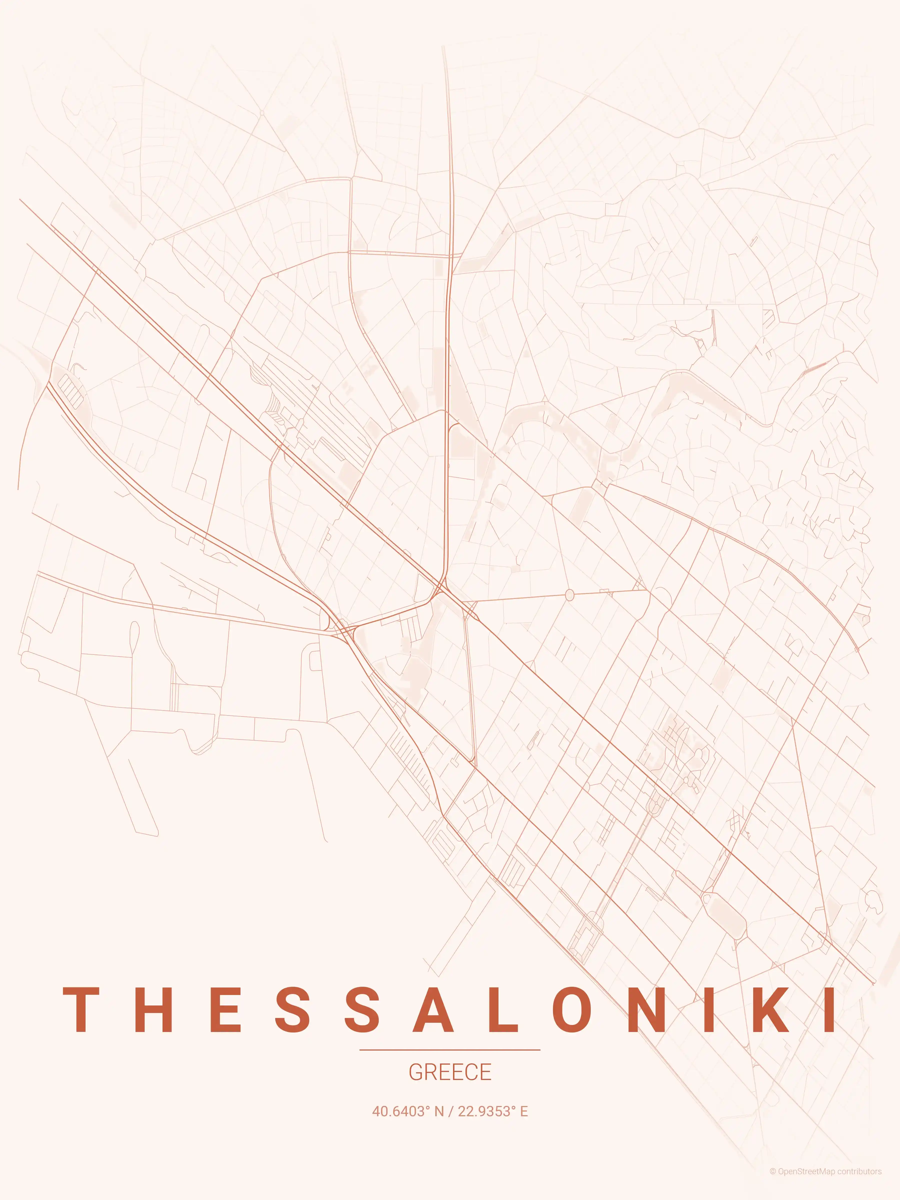 Minimalist sunset street map of Thessaloniki, Greece - Urban grid art