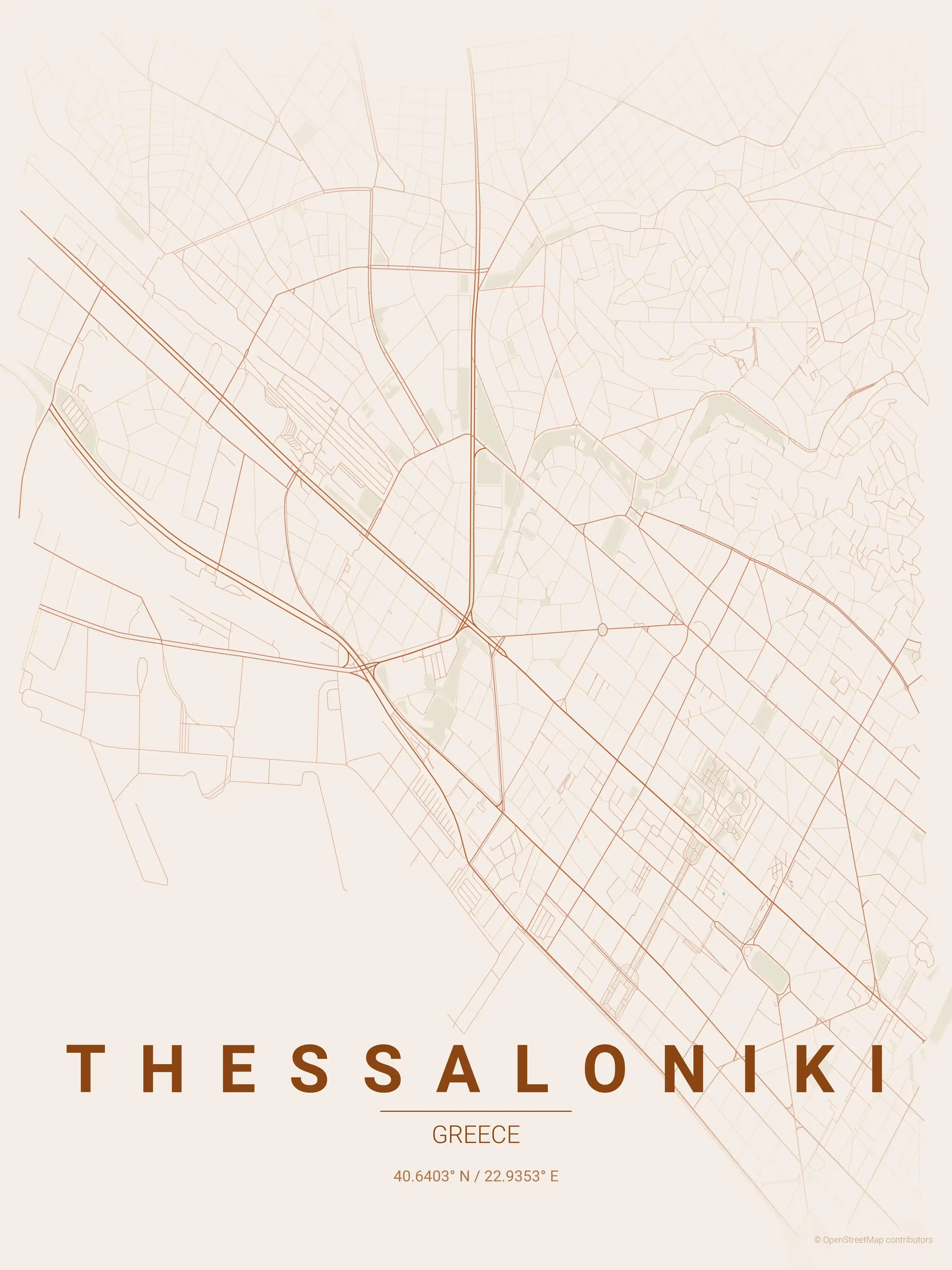 Minimalist terracotta street map of Thessaloniki, Greece - Urban grid art